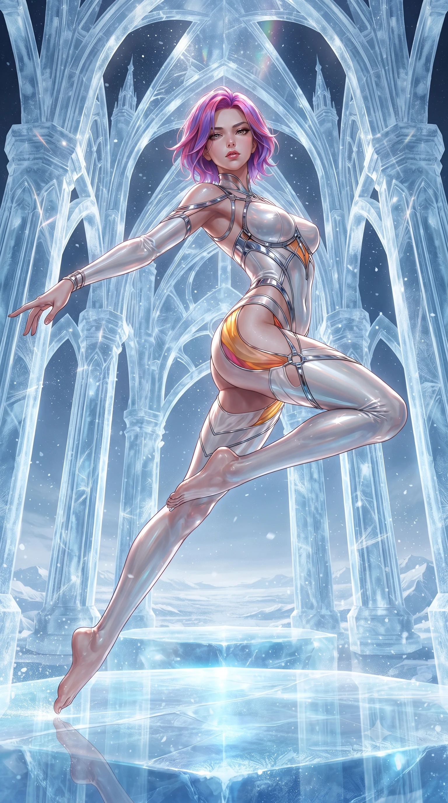 score_9, masterpiece, best quality, ultra-detailed, high-budget anime keyframe, editorial fashion photography, tasteful artistic composition, Caucasian woman. low angle full-body shot from head to toe showing her feet, filling the entire 9:16 vertical frame with her statuesque presence, stretching her vertical silhouette. leaping through mid-air with an athletic yet alluring arch of her spine, her impossibly long slender legs stretched in flawless poise while arching her spine in a fluid stretch under a towering cathedral of transparent ice with starlight refracting through arches. The surrounding environment is rendered in vivid detail and crisp panoramic clarity. crisp frost patterns, glowing ice platform reflections, and panoramic polar horizon in high resolution. She has an absolutely perfect, statuesque 8.5-heads proportion, an exceptionally tall and slender model-like female figure with impossibly long slender legs, a toned flat midriff, and an ultra-slim waist. sharp v-shaped jawline, high-bridge nose, intricate jewel-like eyes with depth, thick eyelashes, glossy lips with a natural sheen, flawlessly proportioned anatomical accuracy, strict slender model proportions, natural body alignment, perfectly sculpted long slender limbs, ultra-slim waistline, clean dynamic posture without body distortion. wearing a second-skin white liquid-mercury micro-bodysuit sculpted tightly to her slender build, featuring razor-thin metallic straps and hip cutouts in vivid sunset amber orange and cloud white, made of smooth iridescent silk chiffon that shifts colors with movement, reinforced by a sleek metallic chrome harness and delicate glowing micro-straps, the sleek second-skin cut tightly hugging her graceful clavicle, narrow waist, and feminine curves with athletic precision. surrounded by a majestic, pristine, and intensely seductive glacial royalty aura. ultra-reflective glossy finish, specular highlights, metallic sheen, high-contrast stereoscopic depth, volumetric dynamic lighting, 2k, ultra detail, master piece, 9:16 ratio