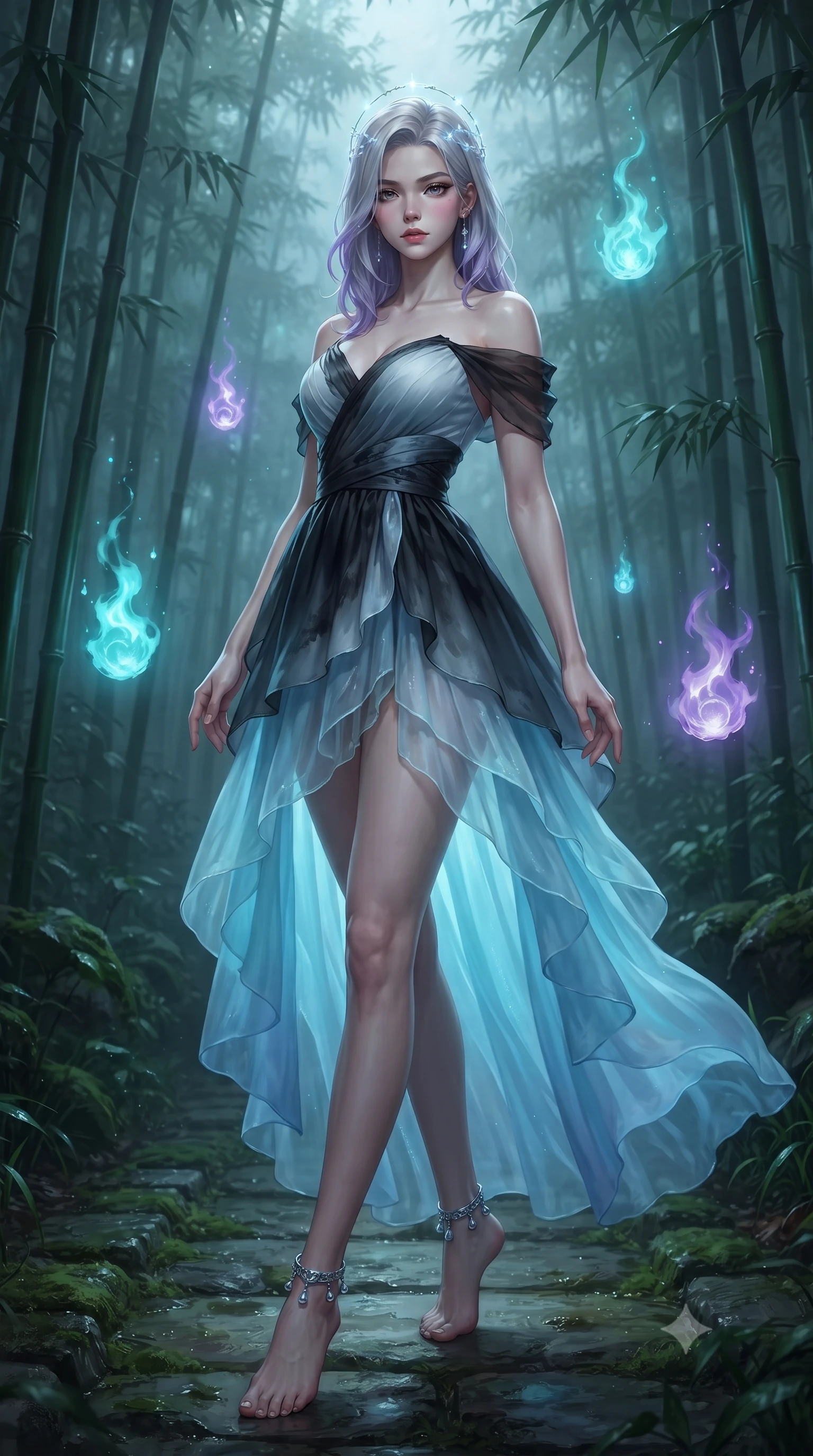 score_9, masterpiece, best quality, ultra-detailed, high-budget anime keyframe, editorial fashion photography, tasteful artistic composition, Caucasian woman. low angle full-body shot from head to toe showing her feet, filling the entire 9:16 vertical frame with her statuesque presence, stretching her vertical silhouette. standing poised with one hip cocked in an alluring high-fashion pose, her tall 8.5-heads proportions dominating the scene while gliding silently through a dense, mist-veiled bamboo forest illuminated by floating cyan and amethyst will-o'-the-wisp spirit flames. The surrounding environment is rendered in vivid detail and crisp panoramic clarity. sharp bamboo stalk ring textures, glowing spirit orb cores, and damp stone path masonry in deep focus. She has an absolutely perfect, statuesque 8.5-heads proportion, an exceptionally tall and slender model-like female figure with impossibly long slender legs, a toned flat midriff, and an ultra-slim waist. sharp v-shaped jawline, high-bridge nose, intricate jewel-like eyes with depth, thick eyelashes, glossy lips with a natural sheen, captivating and magnetic expression, flawlessly proportioned anatomical accuracy, strict slender model proportions, natural body alignment, perfectly sculpted long slender limbs, ultra-slim waistline, clean dynamic posture without body distortion. wearing a celestial lotus-inspired layered chiffon gown with an exposed clavicle bodice in dark ink-wash black and radiant moonlight cyan, tailored from crisp ceremonial cotton and multi-layered translucent chiffon, accented with dainty silver ankle bells and a glowing constellation circlet, the glove-like aerodynamic second-skin fit tightly clinging to her ultra-slender waist and athletic curves without adding bulk, accentuating her razor-sharp statuesque lines and slim hourglass silhouette. illuminated by ethereal glow highlighting her sculpted collarbones, waistline, and slender silhouette. ultra-reflective glossy finish, specular highlights, rich textural contrasts, high-contrast stereoscopic depth, volumetric dynamic lighting, 2k, ultra detail, master piece, 9:16 ratio