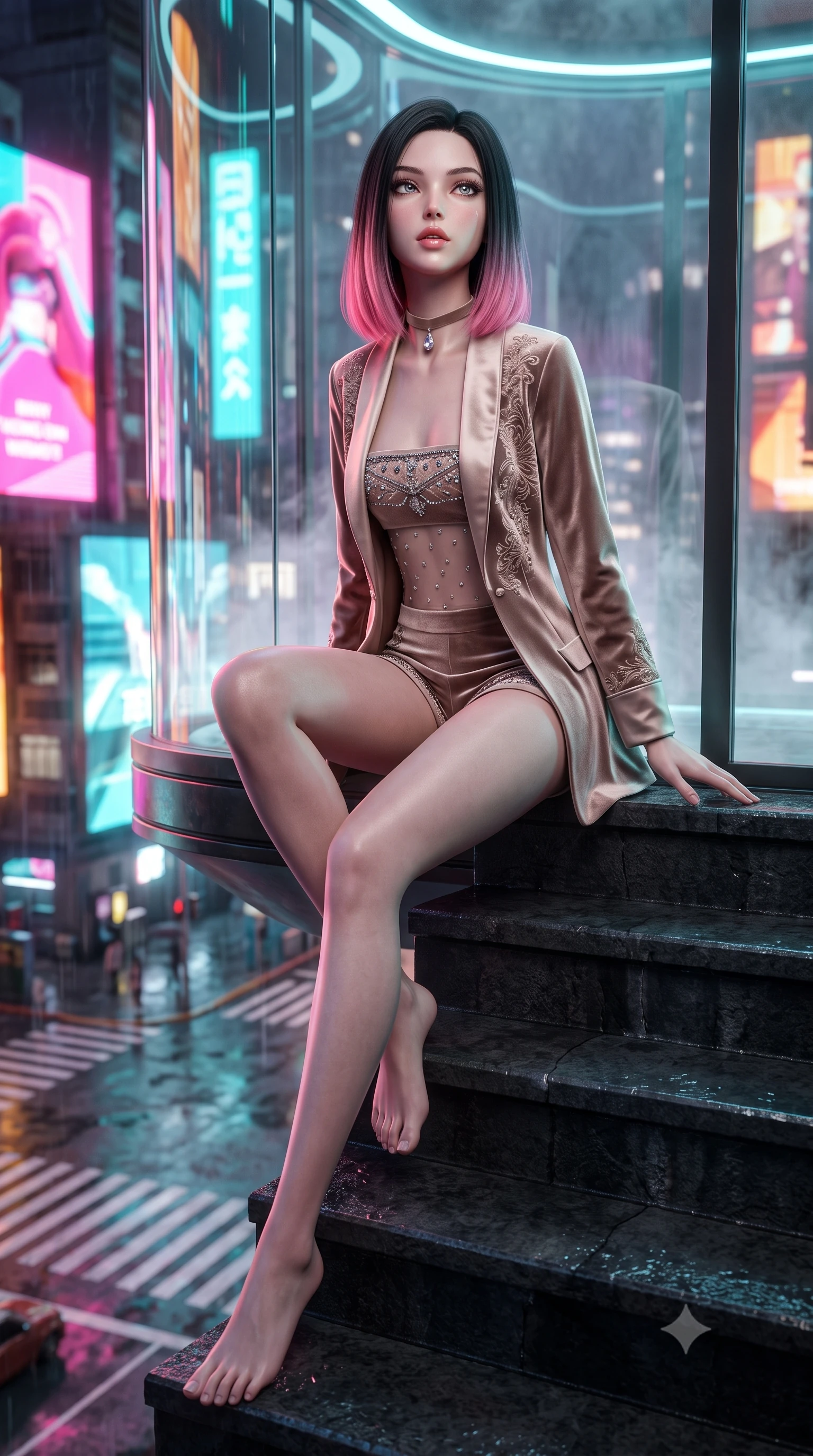 score_9, masterpiece, best quality, ultra-detailed, high-budget anime keyframe, semi-realistic 3D game render, editorial fashion photography, tasteful artistic composition, Korean woman. low angle full-body shot from head to toe showing her feet, filling the entire 9:16 vertical frame with her statuesque presence, stretching her vertical silhouette. sitting poised on the stone steps with one knee bent, arching her spine with supermodel elegance as she glances upward through thick eyelashes while standing tall inside the transparent glass spa capsule jutting out over the crossing, arching her spine with futuristic siren poise. The background shows a soft-focus rising thermal water vapor softened in cinematic cyberpunk luxury shallow focus. She has an absolutely perfect, statuesque 8.5-heads proportion, an exceptionally tall and slender model-like female figure with impossibly long slender legs, an ultra-slim waist, a flat toned midriff, narrow delicate ribcage, and beautifully sculpted feminine hips creating a graceful, slim hourglass silhouette without any bulky heaviness. sharp v-shaped jawline, high-bridge nose, sparkling eyes with hypnotic seductive depth, thick curled eyelashes, glossy parted lips with a natural dewy peach sheen, alluring bedroom-eyes with an enchanting coquettish smile, exuding magnetic siren charisma and sophisticated glamour, flawlessly proportioned anatomical accuracy, strict slender model proportions, natural body alignment, perfectly sculpted long slender limbs, ultra-slim waistline, clean dynamic posture without body distortion. wearing a tailored open-front satin smoking jacket worn over a jewel-embellished bandeau and micro-shorts in sheer dusky champagne and glistening crystal trims, tailored from ultra-plush velvet with rich tactile depth and deep shadow gradients, finished with a thin velvet ribbon choker and a single teardrop diamond pendant, the liquid-tight tailored fabric clinging flawlessly to her narrow waist and rounded feminine hips, emphasizing every millimeter of her sculpted slim hourglass curves without any bulky heaviness. bathed in dynamic shifting saturated neon pink, cyan, and amber light projected horizontally from monumental electronic billboards. highly saturated vibrant anime colors, detailed shading with soft gradients, rich glossy textures, high-contrast stereoscopic depth, volumetric dynamic lighting, master piece, 9:16 ratio