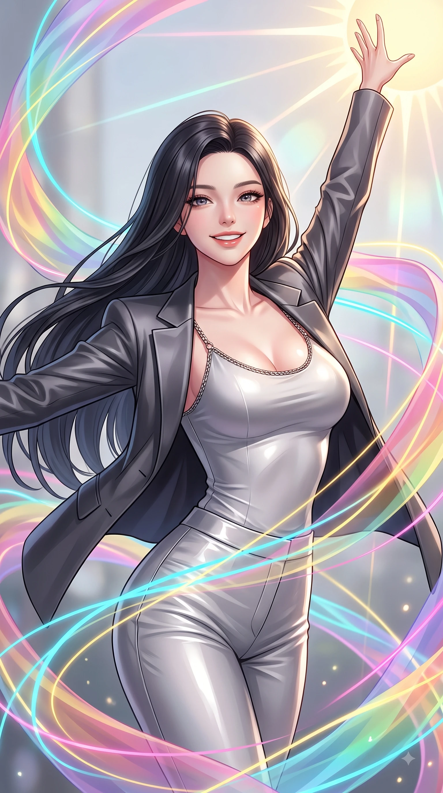score_9, masterpiece, best quality, ultra-detailed, high-budget anime keyframe, editorial fashion photography, tasteful artistic composition, Korean woman. close-up cowboy shot from the waist and thighs up, the character dominates the composition, filling the frame with her large presence, background elements kept in soft focus. Extending one arm in an elegant stretch toward the sun while smiling with vibrant, magnetic self-assurance while spinning in mid-air as translucent rainbow silk ribbons swirl around her with joyful grace, fluorescent cyan, yellow, pink, and gold light threads crossing in 3D space. She has an exceptionally elegant, slender, and willowy female figure with an ultra-slim waist, a gracefully sculpted slender torso, and a refined silhouette. sharp v-shaped jawline, high-bridge nose, intricate jewel-like eyes with depth, thick eyelashes, glossy lips with a natural sheen, flawlessly proportioned anatomical accuracy, natural body alignment, perfectly sculpted elegant limbs, clean dynamic posture without body distortion. wearing a tailored silk blazer over a form-contouring scoop-neck top and slacks in charcoal grey and platinum, tailored from high-gloss patent leather, adorned with delicate metallic chain straps along the neckline, the tailored fabric tightly following every curve of her athletic build. bathed in sharp geometric laser grid highlights and soft airy ambient fill. highly saturated vibrant anime colors, detailed shading with soft gradients, rich glossy textures, high-contrast stereoscopic depth, volumetric dynamic lighting, master piece, 9:16 ratio