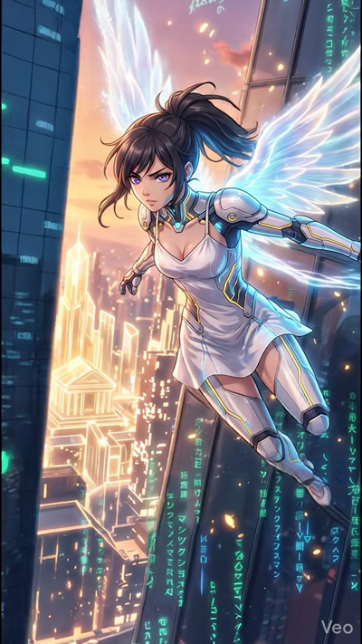 A cinematic 8-second video. An anime girl with dark hair and glowing, ethereal energy wings glides gracefully through a futuristic cyberpunk city at sunset. She wears a sleek white and silver sci-fi bodysuit. The warm golden light of the setting sun 