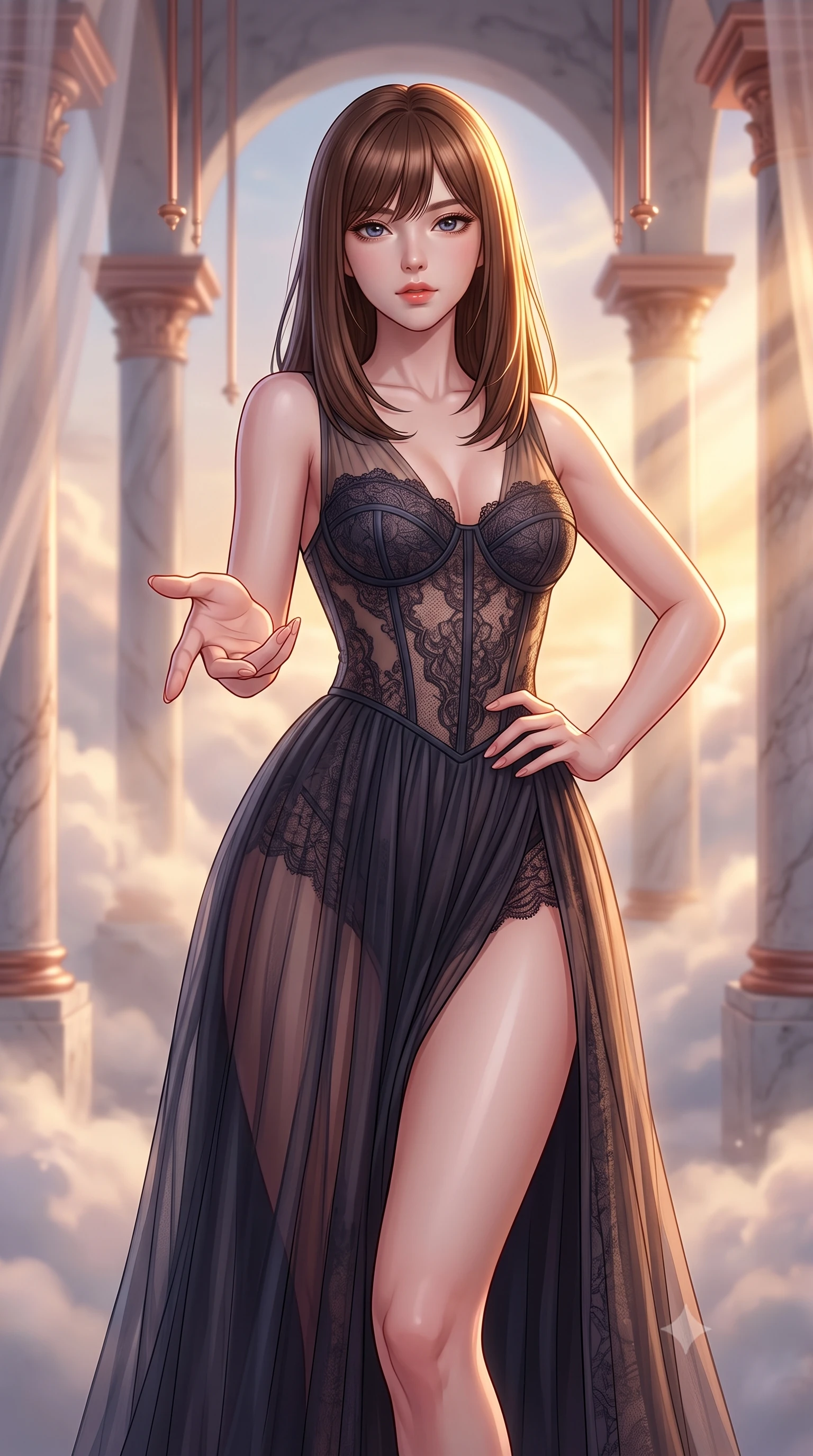 score_9, masterpiece, best quality, ultra-detailed, high-budget anime keyframe, editorial fashion photography, tasteful artistic composition, Korean woman woman. close-up cowboy shot from the waist and thighs up, the character dominates the composition, filling the frame with her large presence, background elements kept in soft focus. She has an exceptionally elegant, slender, and willowy female figure with an ultra-slim waist, a gracefully sculpted slender torso, and a refined silhouette. reaching one hand toward the viewer with relaxed elegance, her gaze holding quiet authority, flawlessly proportioned anatomical accuracy, natural body alignment, perfectly sculpted elegant limbs, clean dynamic posture without body distortion. set against a soft-focus background of a rose-gold floating cloud sanctuary with marble colonnades. wearing a dark sheer tulle evening gown with an intricate lace corset and daring thigh-high slit. bathed in warm sunset sunbeams slicing through misty cloud drapes with a golden rim light. highly saturated vibrant anime colors, detailed shading with soft gradients, rich glossy textures, high-contrast stereoscopic depth, volumetric dynamic lighting, master piece, 9:16 ratio