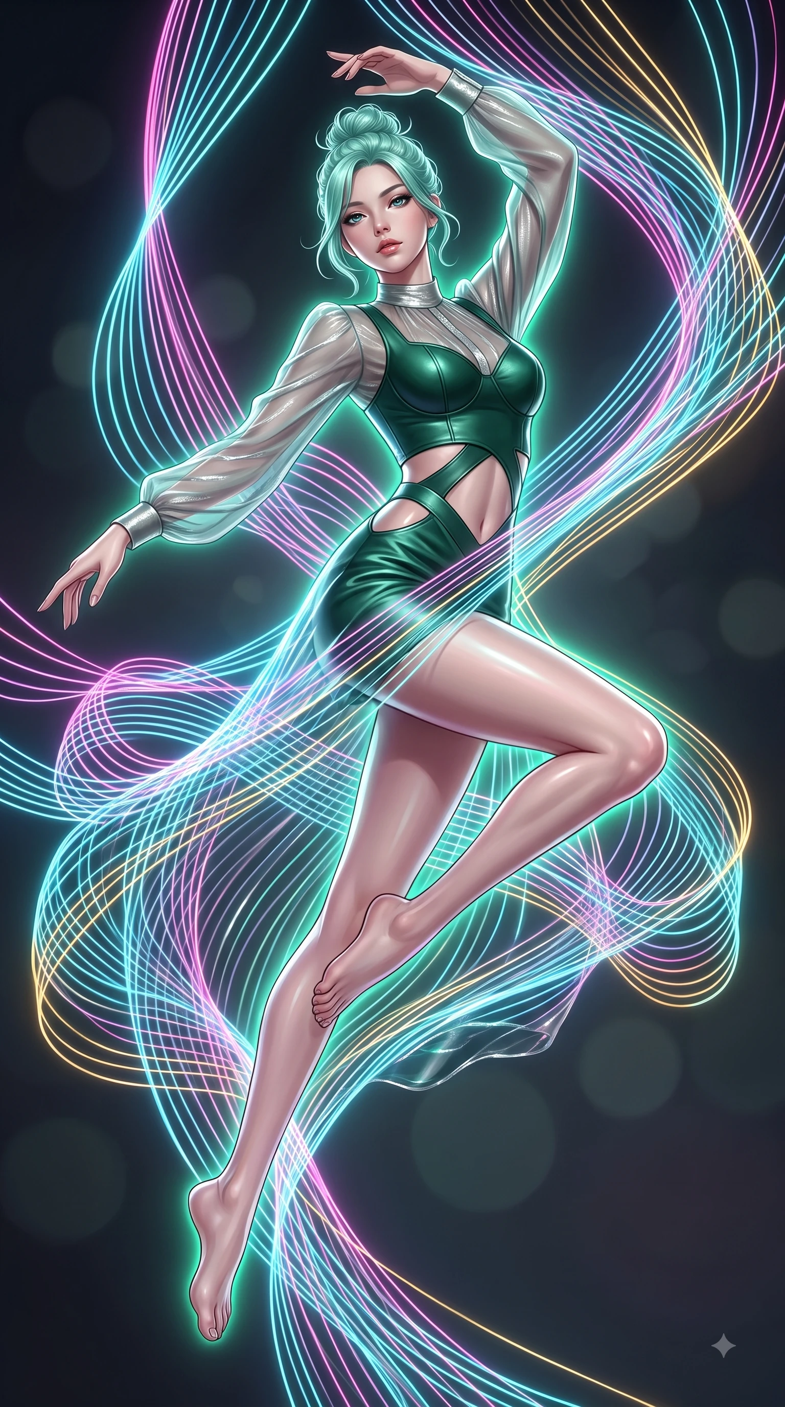 score_9, masterpiece, best quality, ultra-detailed, high-budget anime keyframe, editorial fashion photography, tasteful artistic composition, Japanese woman. low angle full-body shot from head to toe showing her feet, filling the entire 9:16 vertical frame with her statuesque presence, stretching her vertical silhouette. performing an athletic mid-air rotation with flawless poise, her vertical silhouette beautifully stretched while weaving a shimmering dress of light threads that flow around her figure in zero-gravity, fluorescent cyan, magenta, and gold light threads crossing in 3D space. She has an absolutely perfect, statuesque 8.5-heads proportion, an exceptionally tall and slender model-like female figure with impossibly long slender legs and an ultra-slim waist. sharp v-shaped jawline, high-bridge nose, intricate jewel-like eyes with depth, thick eyelashes, glossy lips with a natural sheen, flawlessly proportioned anatomical accuracy, natural body alignment, perfectly sculpted elegant limbs, clean dynamic posture without body distortion. wearing a tailored leather bustier over a sheer silk chiffon blouse in deep emerald green and silver accent, crafted from lustrous satin jersey with fluid draping, featuring subtle geometric cutouts that highlight her ultra-slim midriff, the tailored fabric tightly following every curve of her athletic build. surrounded by a vibrant fluorescent aura with bright specular rim lights. ultra-reflective glossy finish, specular highlights, metallic sheen, high-contrast stereoscopic depth, volumetric dynamic lighting, 2k, ultra detail, master piece, 9:16 ratio