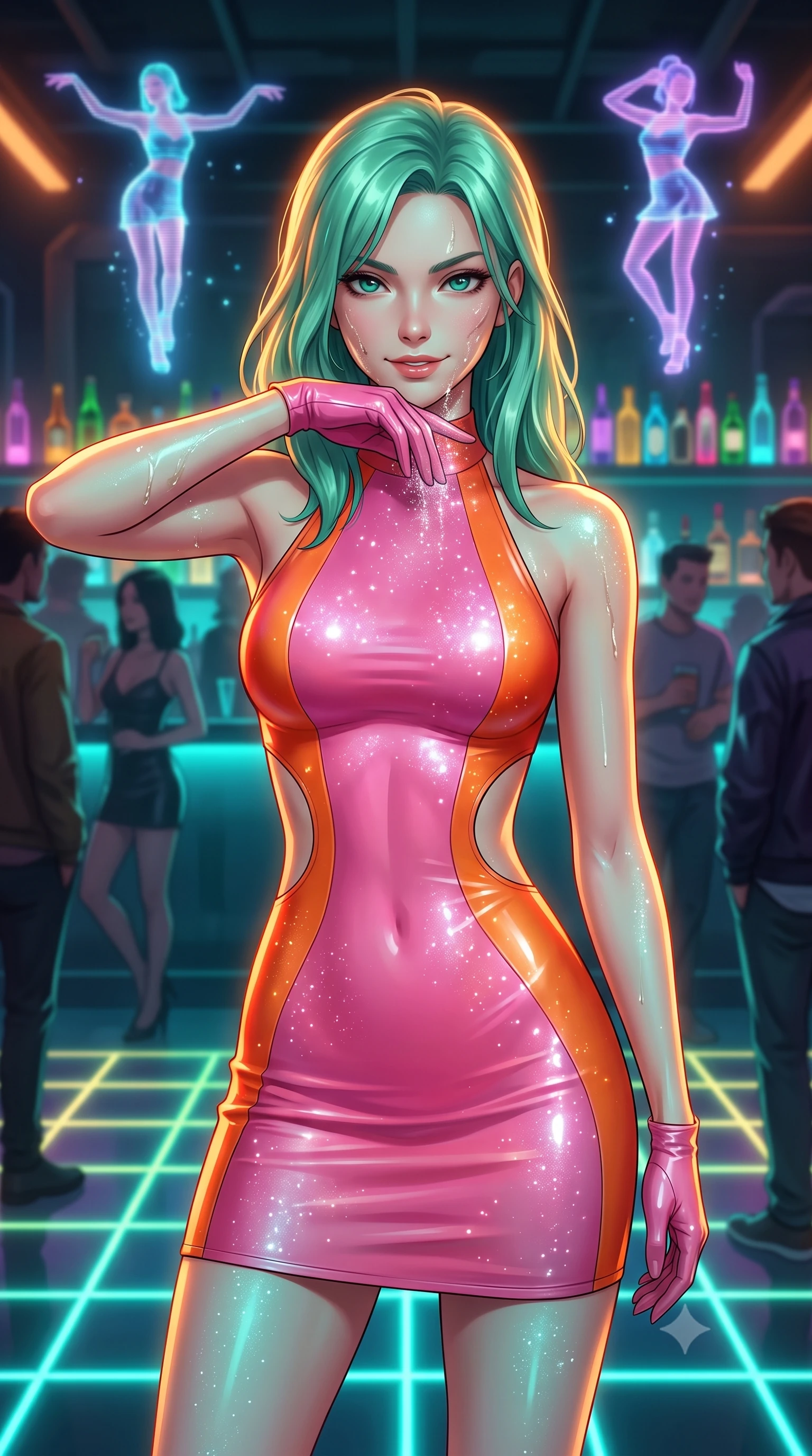 score_9, masterpiece, best quality, ultra-detailed, high-budget anime keyframe, editorial fashion photography, tasteful artistic composition, Japanese woman. close-up cowboy shot from the waist and thighs up, the character dominates the composition, filling the frame with her large presence, background elements kept in soft focus. Defiantly wiping oil and stardust from her jawline with a confident, victorious smirk. set against a soft-focus background of a crowded underground bar with a neon grid dance floor, holographic dancers floating above a bar lined with colorful glowing bottles. She has an exceptionally elegant and slender, willowy female figure with an ultra-slim waist, a gracefully sculpted slender torso, and a refined slim physique. sharp v-shaped jawline, high-bridge nose, intricate jewel-like eyes with depth, thick eyelashes, glossy lips with a natural sheen. wearing catching and diffusing the glowing particles, shimmering softly in response to the surrounding light, a body-hugging latex-effect bodycon dress in a pink and orange color-block, featuring side torso cutouts and a halter neckline. highly saturated vibrant anime colors, intense vivid color palette, soft 3D volumetric shading, volumetric dynamic lighting, warm amber rim lighting combined with cool teal fill light creating dramatic contrast. 2k, ultra detail, master piece, 9:16 ratio