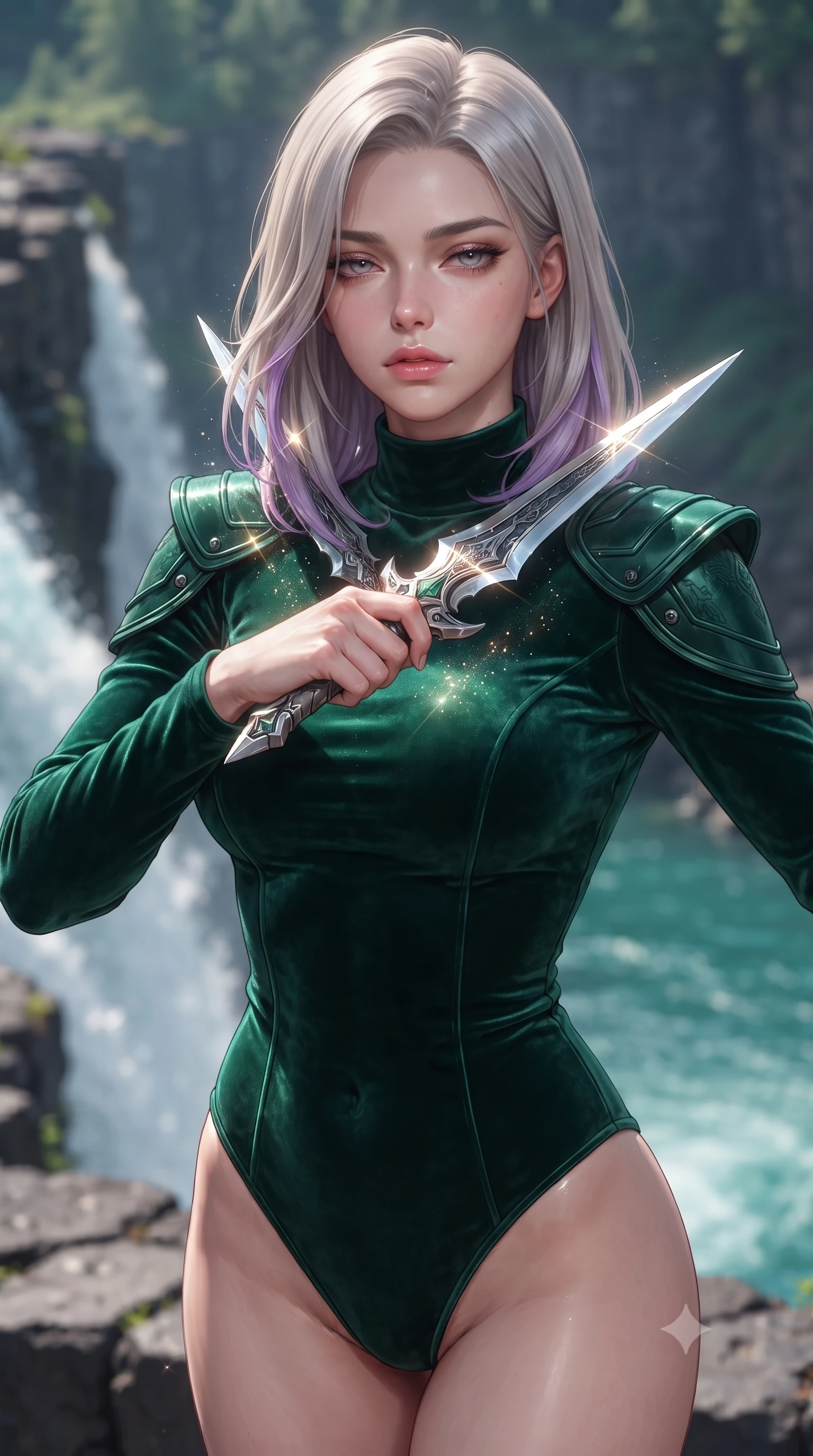 score_9, masterpiece, best quality, ultra-detailed, high-budget anime keyframe, editorial fashion photography, tasteful artistic composition, Caucasian woman. close-up cowboy shot from the waist and thighs up, the character dominates the composition, filling the frame with her large presence, background elements kept in soft focus. holding two energy daggers crossed in front of her elegant collarbone, casting a heavy-lidded, sultry look, the background shows a soft-focus a waterfall terrace made of dark basalt stone overlooking a turquoise river. She has an exceptionally elegant, slender, and willowy female figure with an ultra-slim waist, a gracefully sculpted slender torso, and a refined silhouette. sharp v-shaped jawline, high-bridge nose, intricate jewel-like eyes with depth, thick eyelashes, glossy lips with a natural sheen. wearing a form-contouring form-contouring deep emerald green velvet bodysuit with a high mock-neck collar and structured shoulder guards. shimmering light refracting through the water spray onto her elegant collarbone. ultra-reflective glossy finish, specular highlights, metallic sheen, high-contrast stereoscopic depth, volumetric dynamic lighting, 2k, ultra detail, master piece, 9:16 ratio