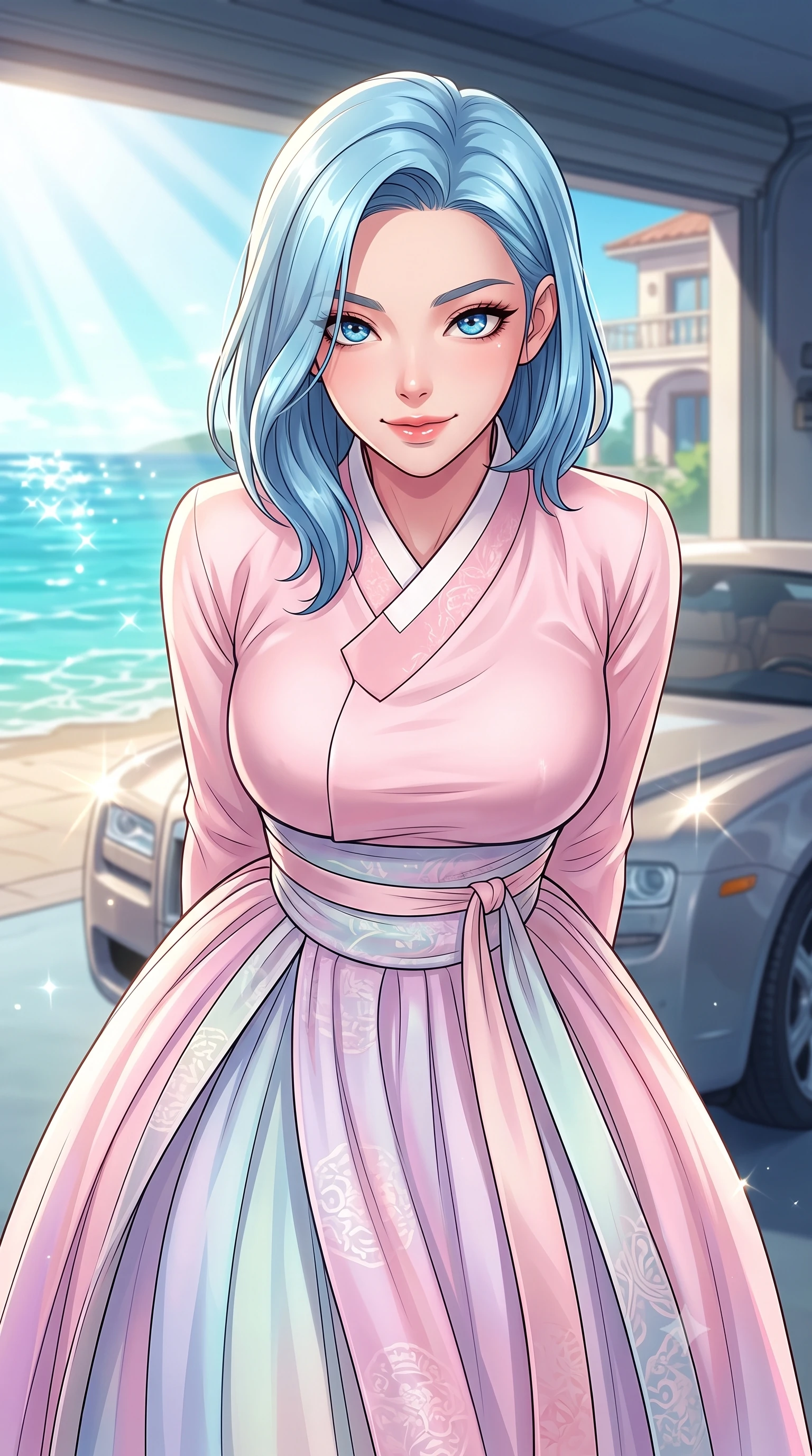 score_9, masterpiece, best quality, ultra-detailed, high-budget anime keyframe, tasteful artistic composition, Korean woman. close-up cowboy shot from the waist and thighs up, the character dominates the composition, filling the frame with her large presence, background elements kept in soft focus. leaning slightly forward with a playful, teasing smile, her gaze locked onto the viewer the background shows a soft-focus a coastal villa garage with open bays overlooking the turquoise ocean water. She has an exceptionally elegant, slender, and willowy female figure with an ultra-slim waist, a gracefully sculpted slender torso, and a refined silhouette. sharp v-shaped jawline, high-bridge nose, intricate jewel-like eyes with depth, thick eyelashes, glossy lips with a natural sheen. wearing a body-hugging modern fusion hanbok jeogori in light pink silk, paired with a high-waisted wrap skirt. bright morning sun rays creating sparkling glints on the sea and the car chassis. highly saturated vibrant anime colors, cel-shading, 2d style, master piece, 9:16 ratio