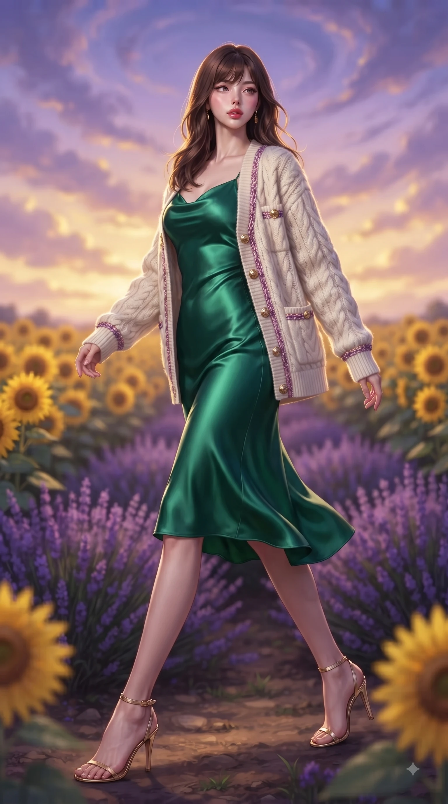 score_9, masterpiece, best quality, ultra-detailed, high-budget anime keyframe, editorial fashion photography, tasteful artistic composition, Korean woman. low angle full-body shot from head to toe showing her feet, filling the entire 9:16 vertical frame with her statuesque presence, stretching her vertical silhouette. Seductively magnetic look casting a fiery side-gaze with full glossy lips and smoldering glamour while pivoting in mid-stride amidst golden sunflowers as dusk light casts a magical purple-gold sky. The composition keeps background elements in soft focus with dreamy bokeh. endless violet lavender rows and golden sunset clouds blurred into dreamy pastel bokeh. She has an absolutely perfect, statuesque 8.5-heads proportion, an exceptionally tall and slender model-like female figure with impossibly long slender legs and an ultra-slim waist. sharp v-shaped jawline, high-bridge nose, intricate jewel-like eyes with depth, thick eyelashes, glossy lips with a natural sheen, flawlessly proportioned anatomical accuracy, natural body alignment, perfectly sculpted elegant limbs, clean dynamic posture without body distortion. wearing a rich emerald green satin slip dress layered under a plush cream cardigan in deep amethyst purple and rose gold, crafted from smooth liquid silk satin, finished with gold metallic hardware buttons along the front, the chic fashion cut framing her graceful clavicle and slender torso. bathed in ethereal twilight glow and warm golden sunset horizon light. ultra-reflective glossy finish, specular highlights, metallic sheen, high-contrast stereoscopic depth, volumetric dynamic lighting, 2k, ultra detail, master piece, 9:16 ratio