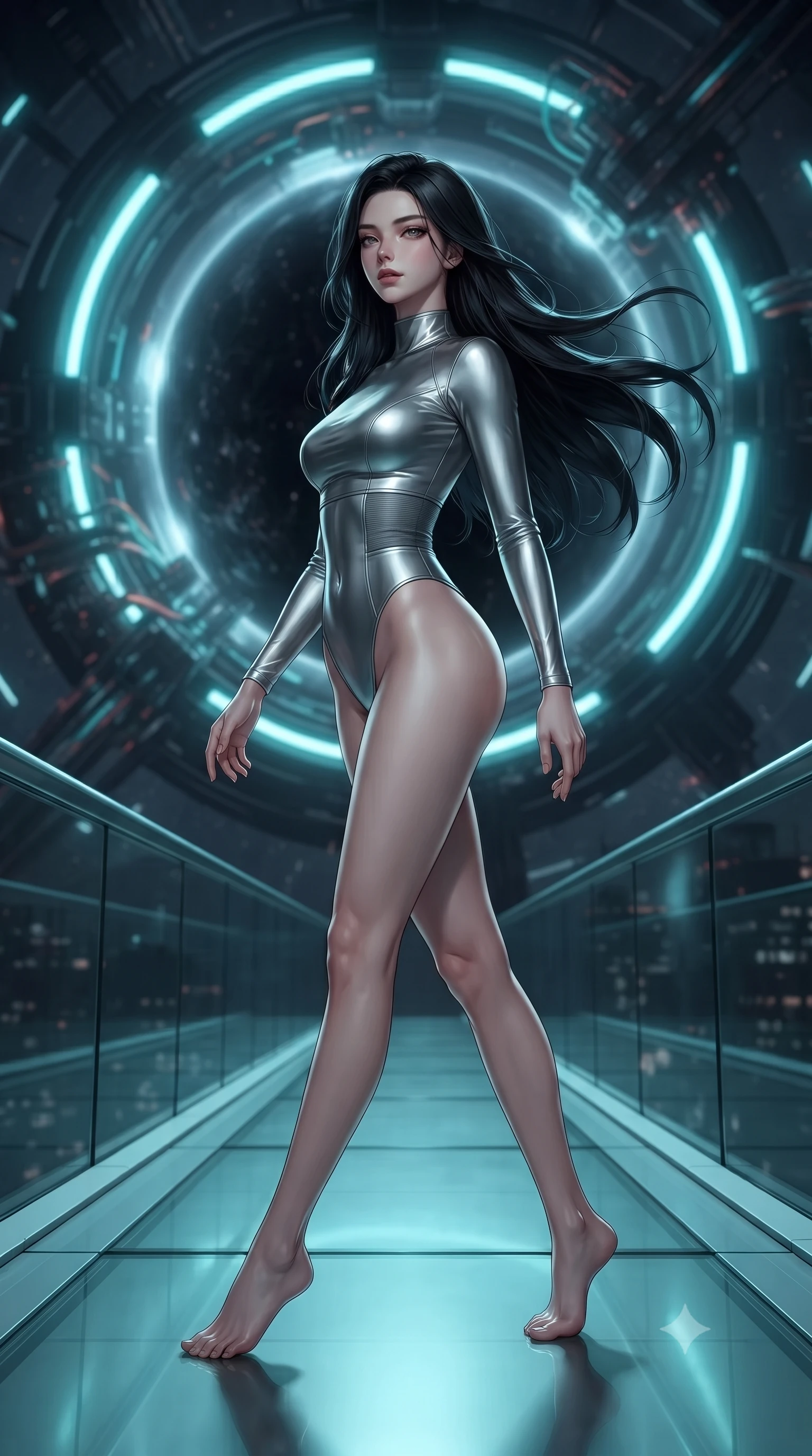 score_9, masterpiece, best quality, ultra-detailed, high-budget anime keyframe, editorial fashion photography, tasteful artistic composition, Korean woman. low angle full-body shot from head to toe showing her feet, filling the entire 9:16 vertical frame with her statuesque presence, stretching her vertical silhouette. walking slowly along a glass skybridge, looking back over her shoulder with an air of effortless grace, the background shows a soft-focus a circular catwalk wrapping around a reinforced micro-black hole engine core. She has an absolutely perfect, statuesque 8.5-heads proportion, an exceptionally tall and slender model-like female figure with impossibly long slender legs and an ultra-slim waist. sharp v-shaped jawline, high-bridge nose, intricate jewel-like eyes with depth, thick eyelashes, glossy lips with a natural sheen. wearing a body-hugging body-hugging titanium-sheen mock-neck bodysuit, featuring elastic compression panels at the waist. distorted starlight bending around the dark sphere, casting circular cyan rim lights. ultra-reflective glossy finish, specular highlights, metallic sheen, high-contrast stereoscopic depth, volumetric dynamic lighting, 2k, ultra detail, master piece, 9:16 ratio
