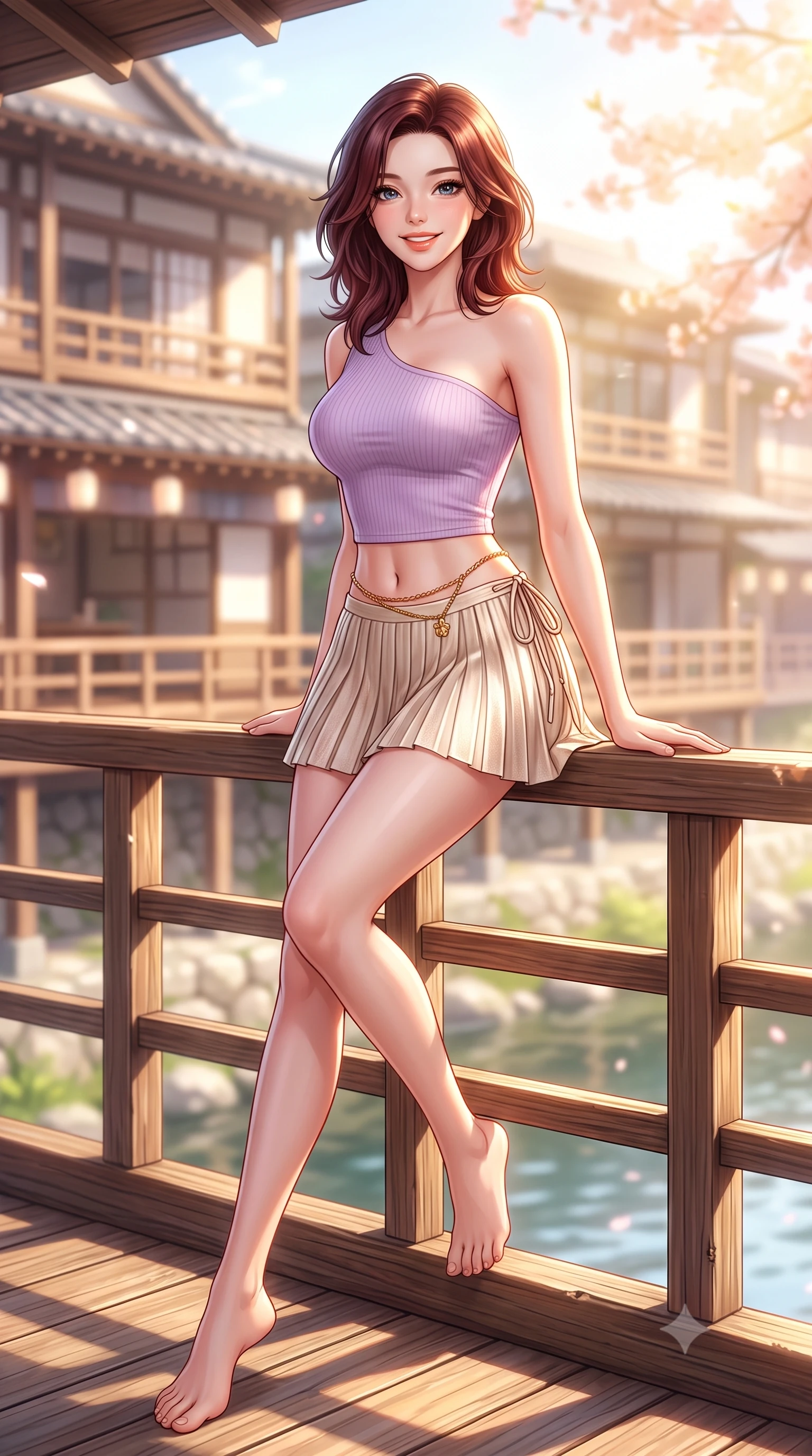 score_9, masterpiece, best quality, ultra-detailed, high-budget anime keyframe, semi-realistic 3D game render, editorial fashion photography, tasteful artistic composition, Korean woman. low angle full-body shot from head to toe showing her feet, filling the entire 9:16 vertical frame with her statuesque presence, stretching her vertical silhouette. sitting perched on the elevated edge with legs crossed and hips angled toward the camera, displaying her toned midriff and long slender limbs with a joyful, coquettish smile while leaning against the cedarwood railing with hips cocked back, looking over a bare shoulder with an enchanting, shy yet alluring smile. The composition keeps background elements in soft focus with dreamy creamy bokeh. historic wooden teahouse facades across the water softened in nostalgic Kyoto shallow focus. She has an exceptionally tall and slender model-like 8.5-heads proportion, an ultra-slim waist, a flat toned midriff, narrow delicate ribcage, and beautifully sculpted feminine hips creating a graceful, slim hourglass silhouette without any bulky heaviness, with impossibly long slender legs. sharp v-shaped jawline, high-bridge nose, intricate jewel-like sparkling eyes with depth, thick eyelashes, glossy parted lips with a natural peach sheen, bright cheerful beaming smile with an enchanting and coquettish sensual glint, exuding both youthful cute charm and seductive allure, flawlessly proportioned anatomical accuracy, strict slender model proportions, natural body alignment, perfectly sculpted long slender limbs, ultra-slim waistline, clean dynamic posture without body distortion. wearing an asymmetrical one-shoulder ribbed top paired with a micro-pleated skirt with side hip ties in soft lilac and champagne shimmer, crafted from soft breathable linen with effortless natural drape, accented with a delicate gold chain belt resting loosely on her curvy hips, the form-fitting cut adhering flawlessly to her sculpted flat midriff and slender torso, emphasizing her long leg lines and perfectly proportioned willowy build. bathed in bright morning sunbeams and warm golden sakura backlighting. highly saturated vibrant anime colors, detailed shading with soft gradients, rich glossy textures, high-contrast stereoscopic depth, volumetric dynamic lighting, master piece, 9:16 ratio