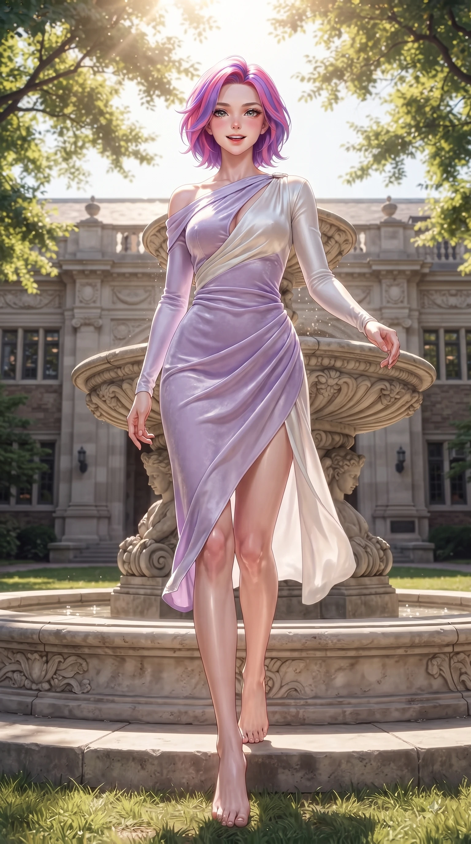 score_9, masterpiece, best quality, ultra-detailed, high-budget anime keyframe, editorial fashion photography, tasteful artistic composition, Caucasian woman. low angle full-body shot from head to toe showing her feet, filling the entire 9:16 vertical frame with her statuesque presence, stretching her vertical silhouette. stepping forward gracefully in mid-motion with a delighted cute expression, displaying her statuesque model proportions while resting near a grand campus stone fountain with a sweet, radiant expression in her eyes. The surrounding environment is rendered in vivid detail and crisp panoramic clarity. intricate fountain carvings, sunlit lawn textures, and historical facade details rendered in high resolution. She has an absolutely perfect, statuesque 8.5-heads proportion, an exceptionally tall and slender model-like female figure with impossibly long slender legs and an ultra-slim waist. sharp v-shaped jawline, high-bridge nose, intricate jewel-like eyes with depth, thick eyelashes, glossy lips with a natural sheen, flawlessly proportioned anatomical accuracy, natural body alignment, perfectly sculpted elegant limbs, clean dynamic posture without body distortion. wearing an asymmetrical draped chiffon midi dress with a sleek shoulder accent in soft lavender violet and pearl white, made of lustrous stretch velvet, accented with a Tasteful chest slit framing her clavicle gracefully, the glove-like fit emphasizing her statuesque silhouette during motion. bathed in brilliant sunny morning light filtering through tree canopies. ultra-reflective glossy finish, specular highlights, metallic sheen, high-contrast stereoscopic depth, volumetric dynamic lighting, 2k, ultra detail, master piece, 9:16 ratio