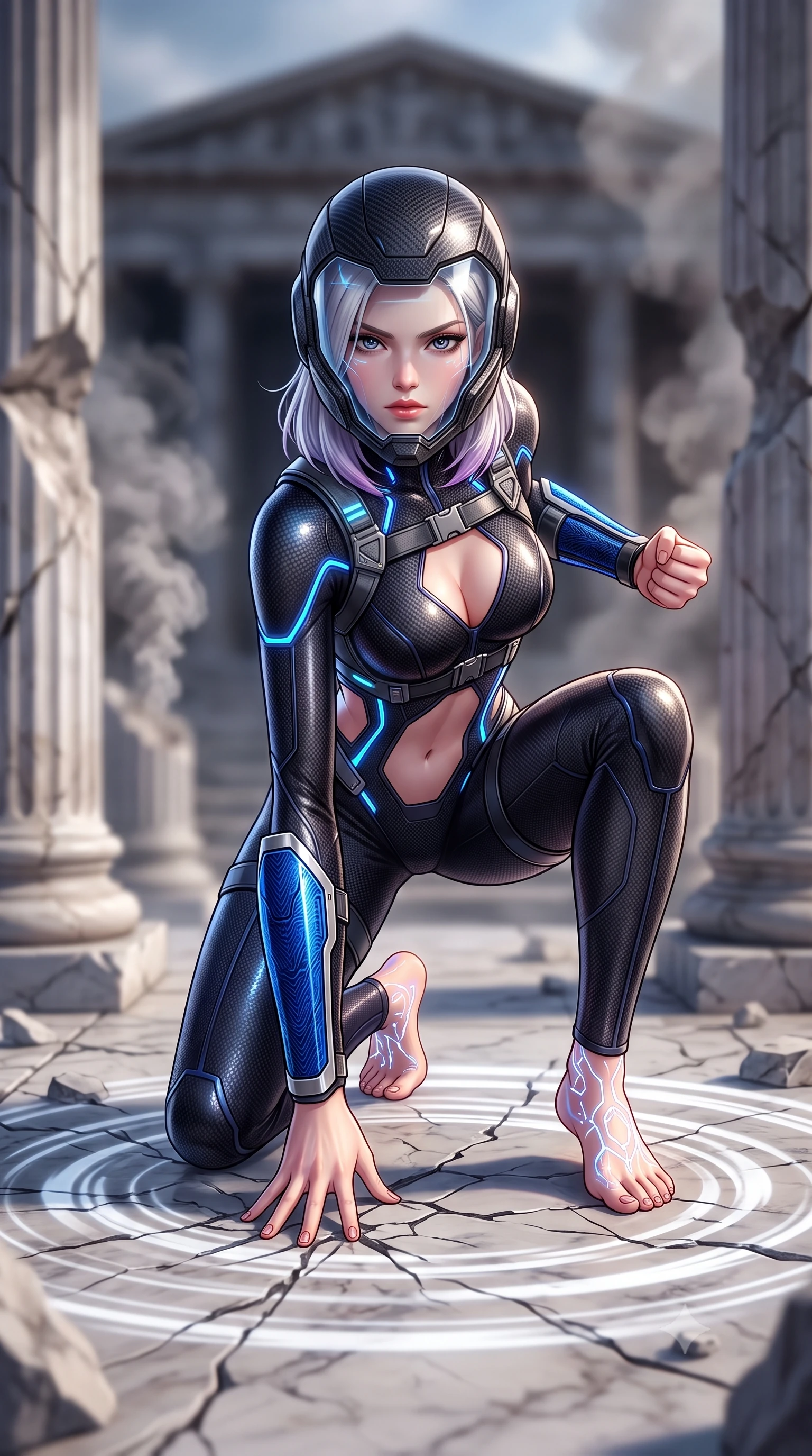 score_9, masterpiece, best quality, ultra-detailed, high-budget anime keyframe, semi-realistic 3D game render, editorial fashion photography, tasteful artistic composition, Caucasian woman. low angle full-body shot from head to toe showing her feet, filling the entire 9:16 vertical frame with her statuesque presence, stretching her vertical silhouette. landing gracefully from a high-altitude leap on one knee and palm, her statuesque silhouette framed by radial shockwave ripples in the ground while landing in a low defensive crouch on the cracked marble altar with fists clenched in unwavering resolve. The composition keeps background elements in soft focus with creamy bokeh. shattered marble pillars and rising smoke plumes softened in dramatic shallow focus. She has an absolutely perfect, statuesque 8.5-heads proportion, an exceptionally tall and slender model-like female figure with impossibly long slender legs, a toned flat midriff, and an ultra-slim waist. sharp v-shaped jawline, high-bridge nose, intricate jewel-like eyes with depth, thick eyelashes, glossy lips with a natural sheen, fierce and resolute heroine expression, flawlessly proportioned anatomical accuracy, strict slender model proportions, natural body alignment, perfectly sculpted long slender limbs, ultra-slim waistline, clean dynamic posture without body distortion. wearing an open-face aerodynamic carbon-fiber combat helmet with a retracted transparent holographic HUD visor framing her sharp jawline and jewel-like eyes, paired with a skin-tight dark carbon-weave combat bodysuit with glowing neon energy conduits and reinforced Damascus-pattern forearm strike guards in electric cobalt blue carbon with brushed platinum tactical trim, made of liquid carbon-jersey fabric accentuating every curve of her tall, slender model proportions, reinforced by a heavy-duty titanium tactical harness and glowing micro-energy status straps, the precision-cut daring openings accentuating her delicate midriff, graceful bare collarbones, and ultra-slim feminine waistline. illuminated by crisp directional key light defining her razor-sharp jawline, eyes, and ultra-slim waist. rich saturated anime colors with glowing neon highlights, detailed shading with soft gradients, rich glossy textures, high-contrast stereoscopic depth, volumetric dynamic lighting, master piece, 9:16 ratio