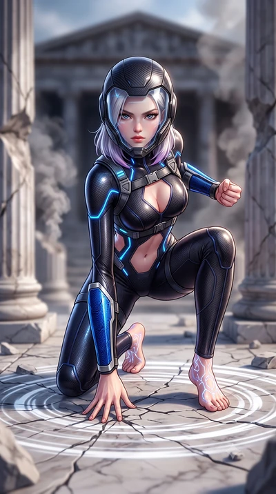 score_9, masterpiece, best quality, ultra-detailed, high-budget anime keyframe, semi-realistic 3D game render, editorial fashion photography, tasteful artistic composition, Caucasian woman. low angle full-body shot from head to toe showing her feet, 