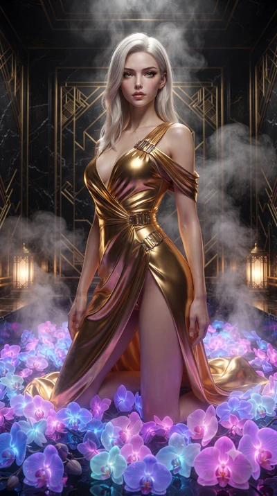 score_9, masterpiece, best quality, ultra-detailed, High-budget Anime Keyframe, editorial fashion photography, tasteful artistic composition, realistic cosplay photography, Caucasian woman, strictly human ears. Low angle cowboy shot filling the entir