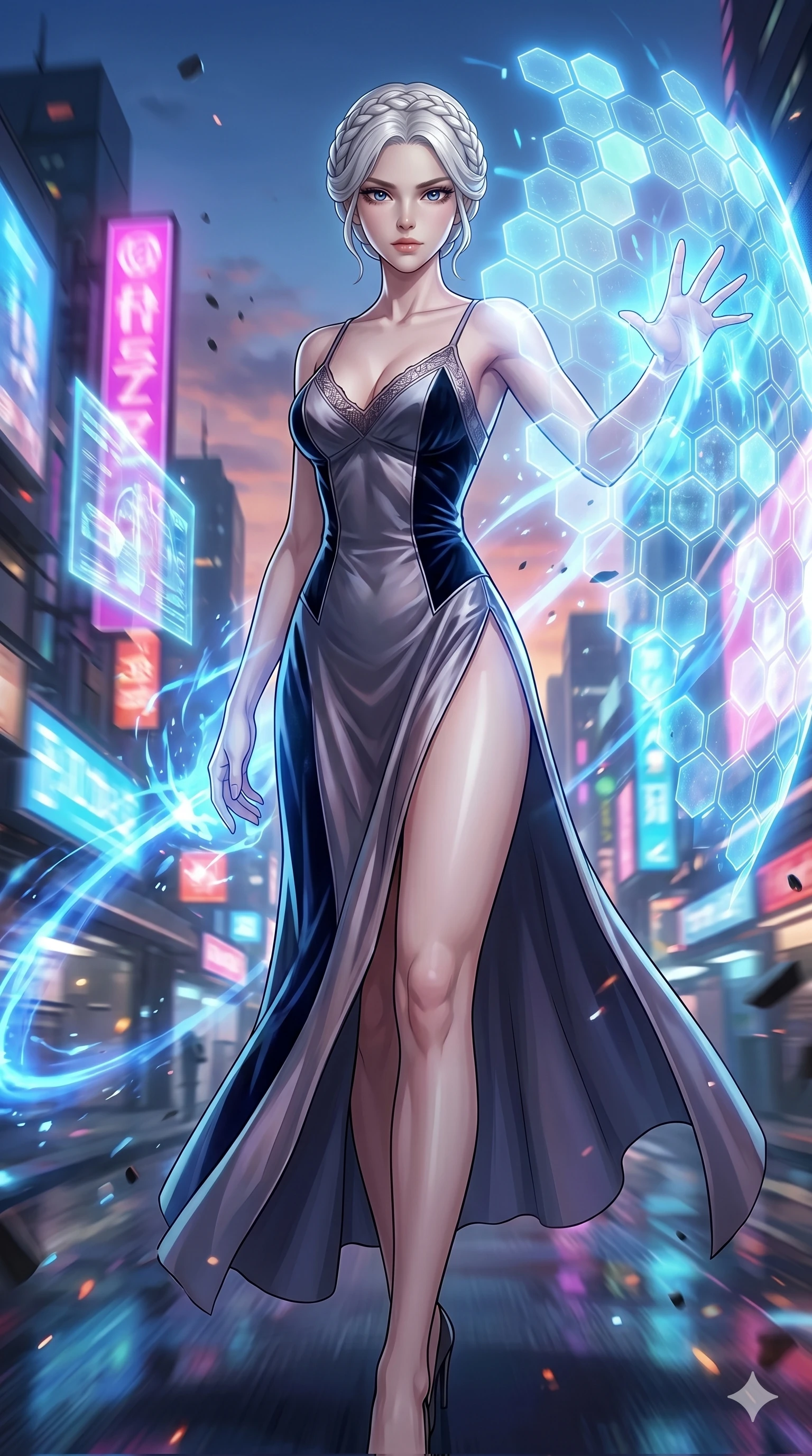 score_9, masterpiece, best quality, ultra-detailed, Set C: High-budget Anime Keyframe, Korean woman. Low angle cowboy shot filling the entire 9:16 frame with her statuesque presence. Summoning a shield made of hexagonal energy tiles. She has an absolutely perfect 8-heads proportion, an exceptionally tall and slender female figure with impossibly long slender legs and an ultra-slim waist. Sharp v-shaped jawline, high-bridge nose, intricate jewel-like eyes with depth, thick eyelashes, glossy lips. Wearing a High-Fashion Editorial outfit: slip dress with a dangerously high side slit and velvet detail. Background is a bright and colorful metropolis with glowing blue energy effects and dynamic motion. 2k, ultra detail, master piece, 9:16 ratio