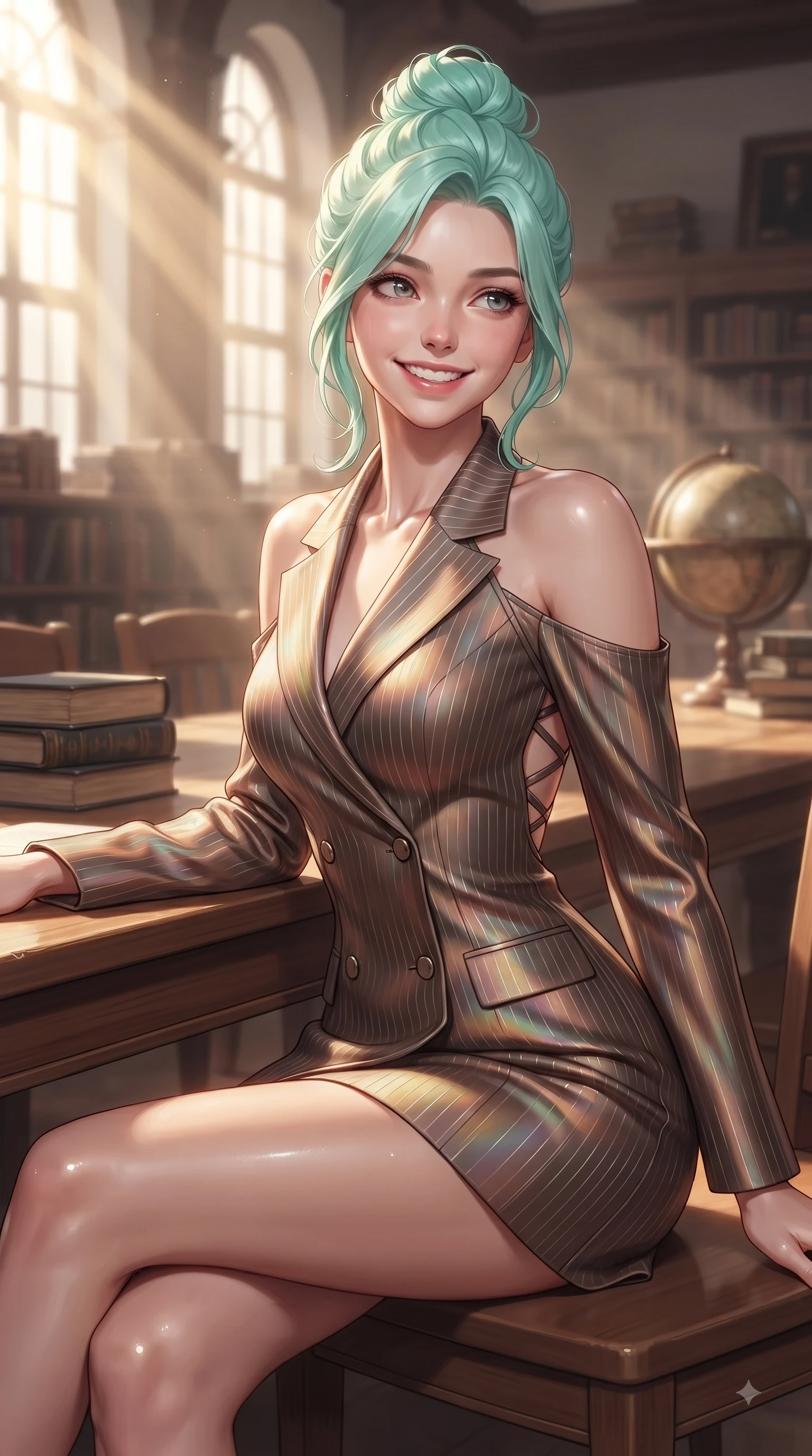 score_9, masterpiece, best quality, ultra-detailed, high-budget anime keyframe, editorial fashion photography, tasteful artistic composition, Japanese woman. close-up cowboy shot from the waist and thighs up, the character dominates the composition, filling the frame with her large presence, background elements kept in soft focus. Radiant youthful grin reflecting college charm while casting a playful, joyful side-gaze with heavy lashes while sitting at a long wooden study table in a quiet sunlit library room with an intelligent cute smile, intense volumetric sunbeams filtering through tall arched windows in golden rays. She has an exceptionally elegant, slender, and willowy female figure with an ultra-slim waist, a gracefully sculpted slender torso, and a refined silhouette. sharp v-shaped jawline, high-bridge nose, intricate jewel-like eyes with depth, thick eyelashes, glossy lips with a natural sheen, flawlessly proportioned anatomical accuracy, natural body alignment, perfectly sculpted elegant limbs, clean dynamic posture without body distortion. wearing a double-breasted blazer dress with subtle metallic pin-stripes in espresso brown and warm cream, crafted from iridescent chiffon that shifts colors in the light, complemented by criss-cross back straps highlighting her bare shoulders, the form-contouring material highlighting her ultra-slim waist and long lines. surrounded by a serene, intelligent, and fresh academic atmosphere. ultra-reflective glossy finish, specular highlights, metallic sheen, high-contrast stereoscopic depth, volumetric dynamic lighting, 2k, ultra detail, master piece, 9:16 ratio