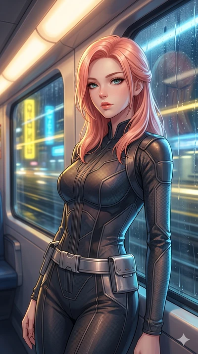 score_9, masterpiece, best quality, ultra-detailed, high-budget anime keyframe, Japanese woman. Upper body close-up from the thighs up, character filling the screen for maximum presence. She is leaning against a train window in a speeding magnetic tr