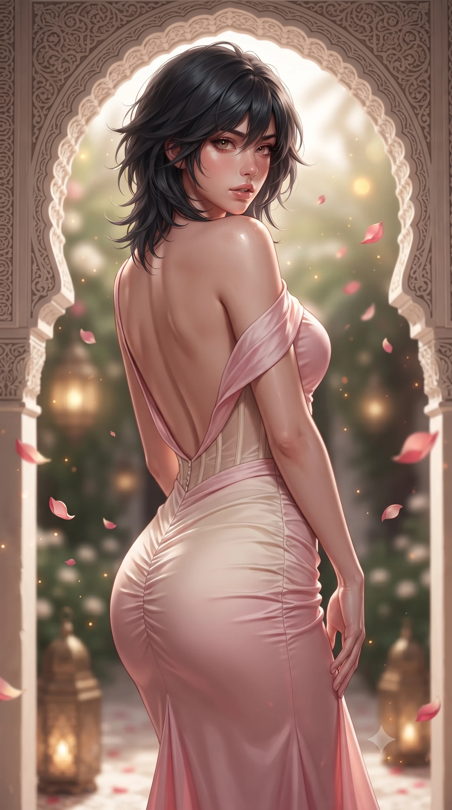 score_9, masterpiece, best quality, ultra-detailed, high-budget anime keyframe, editorial fashion photography, tasteful artistic composition, Caucasian woman. close-up cowboy shot from the waist and thighs up, the character dominates the composition, filling the frame with her large presence. twisting her slender torso in a deep contrapposto stance, hips dramatically shifted to accentuate her feminine curves while looking past her shoulder with smoldering bedroom-eyes while leaning against an ornate horseshoe archway carved with delicate stucco lace, looking back over her bare shoulder with sun-dazed bedroom-eyes. The composition keeps background elements in soft focus with creamy bokeh. flickering brass lantern patterns and floating rose petals scattering warm radiant light motes. She has an exceptionally elegant, slender, and willowy female figure with an ultra-slim waist, flat toned midriff, narrow ribcage, and sculpted feminine hips creating an alluring, slim hourglass silhouette without bulk. sharp v-shaped jawline, high-bridge nose, intricate jewel-like eyes with depth, thick eyelashes, glossy parted lips with a natural sheen, intensely captivating and seductive bedroom-eyes expression, flawlessly proportioned anatomical accuracy, strict slender model proportions, natural body alignment, perfectly sculpted long slender limbs, ultra-slim waistline, clean dynamic posture without body distortion. wearing a form-contouring cocktail dress with an asymmetrical open shoulder and hip-defining ruching in sakura blossom pink and warm ivory, made of fluid silk crepe with delicate inner corsetry boning, complemented by a bold geometric choker and sparkling cocktail ring, the dramatically scooped open back descending to the base of her spine, accentuating her razor-sharp statuesque lines and slim hourglass silhouette. surrounded by an exotic, sovereign, and deeply enchanting Moroccan oasis muse aura. ultra-reflective glossy finish, specular highlights, rich textural contrasts, high-contrast stereoscopic depth, volumetric dynamic lighting, 2k, ultra detail, master piece, 9:16 ratio