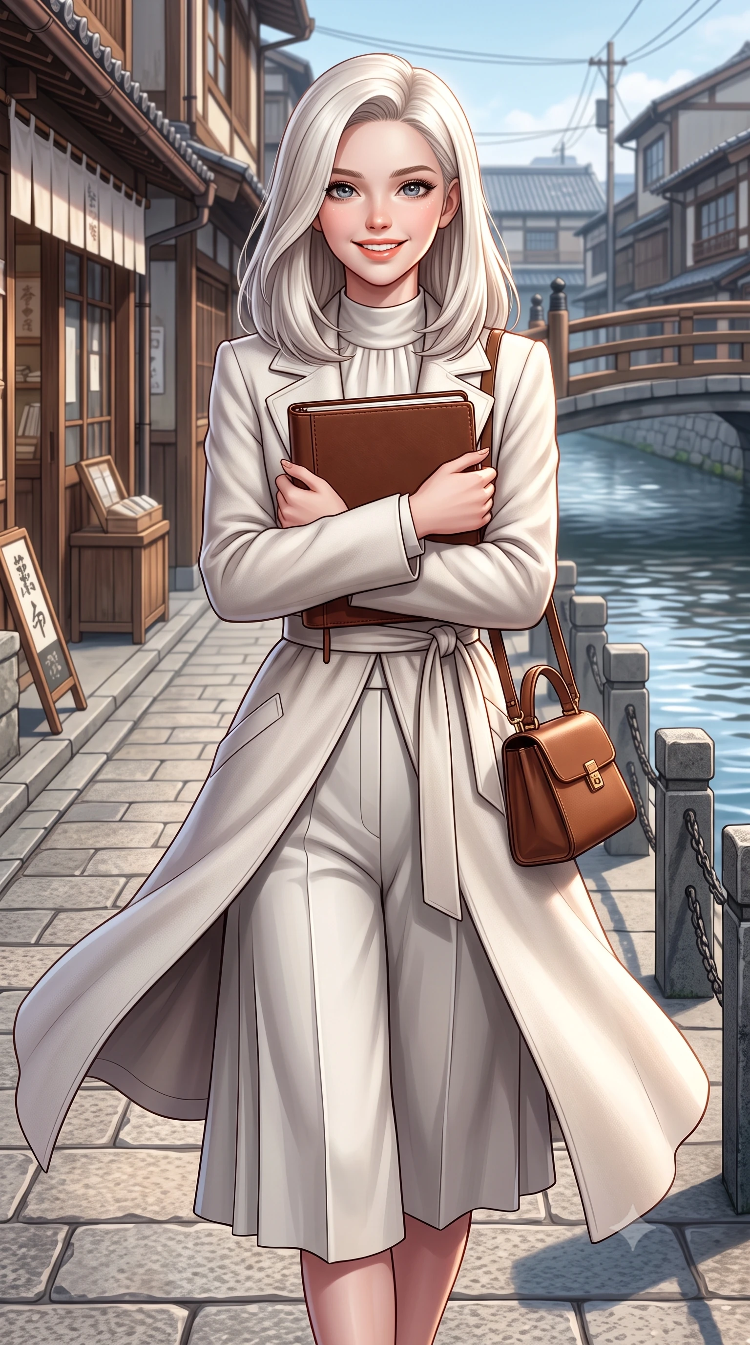 score_9, masterpiece, best quality, ultra-detailed, high-budget anime keyframe, semi-realistic 3D game render, editorial fashion photography, tasteful artistic composition, Caucasian woman. close-up cowboy shot from the waist and thighs up, the character dominates the composition, filling the frame with her large presence. holding a leather notebook close to her chest with both arms, smiling delightfully with youthful scholarly grace while walking along the riverside stone promenade with poised strides, her wool coat billowing softly in the river current breeze. The surrounding environment is rendered in vivid detail and crisp panoramic clarity: detailed double-breasted wool gabardine trench coat drape, horn buttons, and historic Japanese urban architecture in high resolution. She has an exceptionally elegant, slender, and willowy female figure with an ultra-slim waist, flat toned midriff, narrow ribcage, and sculpted feminine hips creating an alluring, slim hourglass silhouette without bulk. sharp v-shaped jawline, high-bridge nose, intricate jewel-like sparkling eyes with depth, thick eyelashes, glossy parted lips with a natural peach sheen, bright cheerful beaming smile with an enchanting and coquettish sensual glint, exuding both youthful cute charm and seductive allure, flawlessly proportioned anatomical accuracy, strict slender model proportions, natural body alignment, perfectly sculpted long slender limbs, ultra-slim waistline, clean dynamic posture without body distortion. wearing a modern tailored silk-blend robe coat with minimalist sash belt layered over a high-neck blouse and wide culottes in Swiss alpine snow white and oat cashmere, tailored from fine wool gabardine with crisp permanent pleats and sharp drape, finished with a structured leather top-handle mini bag resting gracefully at her side, the sharp shoulder tailoring and gently nipped waist framing her slender torso with pristine sartorial perfection. illuminated by river water specular reflection bounce and sharp copper-rose rim lights sculpting her jawline, narrow waist, and graceful model proportions. highly saturated vibrant anime colors, detailed shading with soft gradients, rich glossy textures, high-contrast stereoscopic depth, volumetric dynamic lighting, master piece, 9:16 ratio