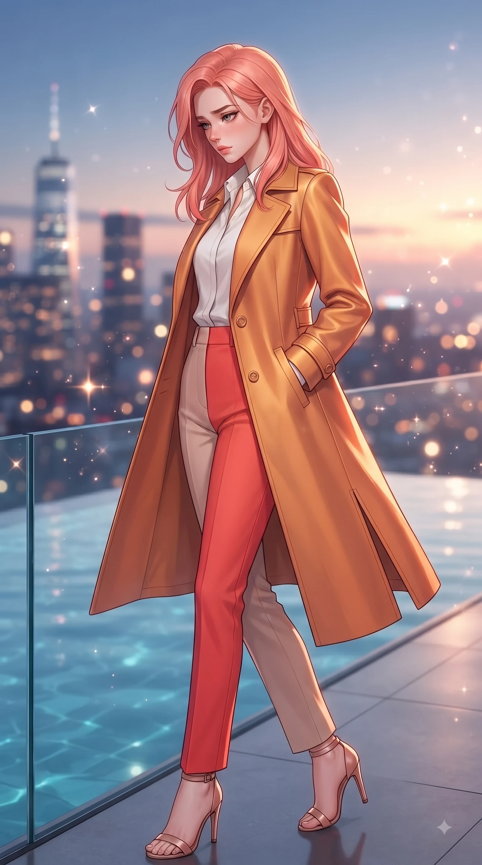 score_9, masterpiece, best quality, ultra-detailed, high-budget anime keyframe, editorial fashion photography, tasteful artistic composition, Japanese woman. close-up cowboy shot from the waist and thighs up, the character dominates the composition, filling the frame with her large presence. Heart-tugging melancholic glance with a subtle drop of emotion in her eyes and a quiet wistful posture while pivoting dynamically near a glass infinity pool edge with city skyscraper silhouettes behind. The composition keeps background elements in soft focus with dreamy bokeh. twinkling city tower lights and glowing sunset sky blurred into sparkling urban bokeh. She has an exceptionally elegant, slender, and willowy female figure with an ultra-slim waist, a gracefully sculpted slender torso, and a refined silhouette. sharp v-shaped jawline, high-bridge nose, intricate jewel-like eyes with depth, thick eyelashes, glossy lips with a natural sheen, flawlessly proportioned anatomical accuracy, natural body alignment, perfectly sculpted elegant limbs, clean dynamic posture without body distortion. wearing a stylish sunset amber trench coat over a crisp white shirt and tailored trousers in vibrant coral red and soft beige, tailored from structured wool crepe with clean lines, finished with a sleek side slit ascending to mid-thigh, the tailored fit highlighting her statuesque and model-like silhouette. surrounded by an opulent, glamorous, and high-fashion nightlife editorial aura. ultra-reflective glossy finish, specular highlights, metallic sheen, high-contrast stereoscopic depth, volumetric dynamic lighting, 2k, ultra detail, master piece, 9:16 ratio