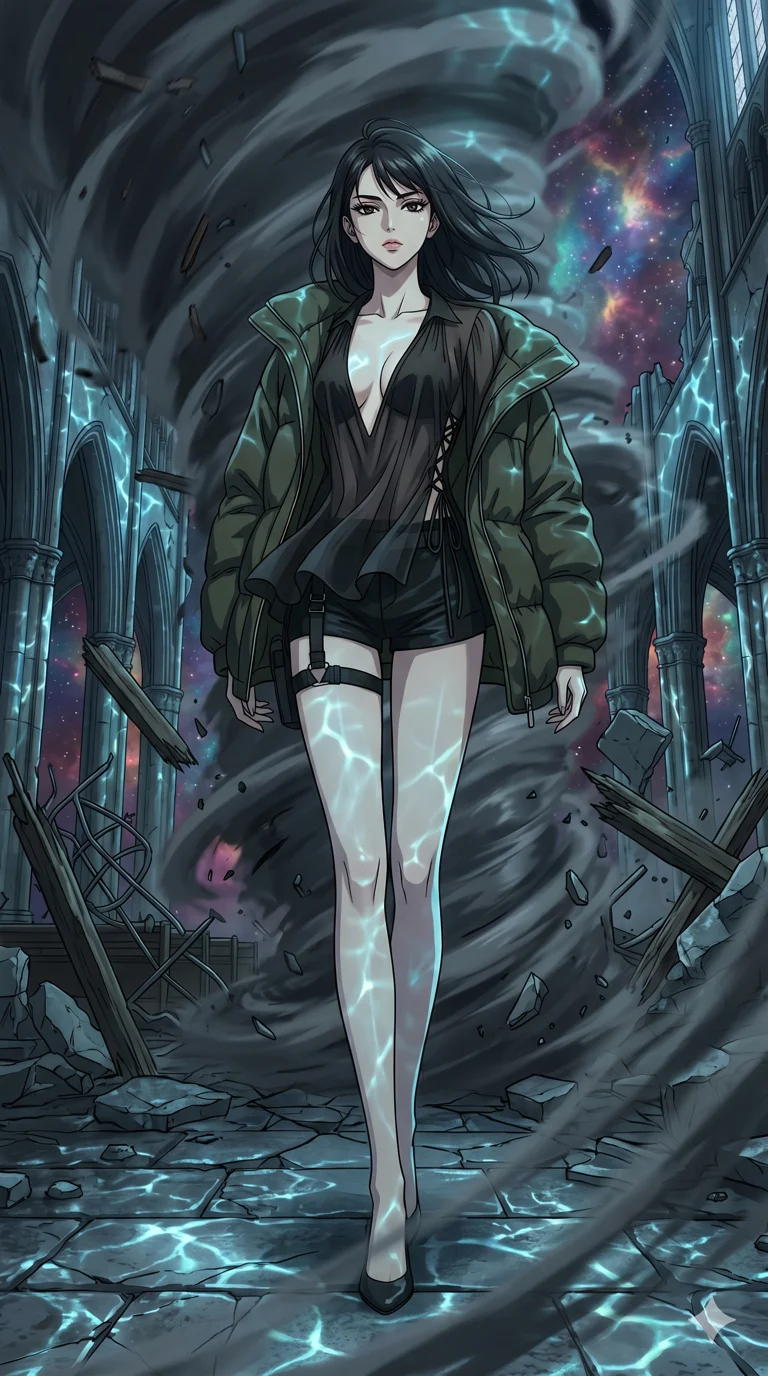 score_9, masterpiece, best quality, ultra-detailed, High-budget Anime Keyframe, vibrant colors, fluid line-art, expressive lighting, cinematic composition, Ufotable-style visual effects, top-tier animation quality, Japanese woman with delicate and elegant anime-inspired features. Dynamic full-body shot stretching the vertical silhouette, capturing her from a powerful low-angle perspective. Standing in the eye of a terrifying hurricane with absolute calm, the debris of a destroyed city circling her in a violent vortex. She has an absolutely perfect 8-heads proportion, an exceptionally tall and slender female figure with impossibly long slender legs and an ultra-slim waist, her statuesque height and towering silhouette dominating the vertical 9:16 frame. Her face is a masterpiece featuring a sharp v-shaped jawline, high-bridge nose, intricate jewel-like eyes with depth, thick eyelashes, and glossy lips with a natural sheen. She is wearing a Oversized puffer jacket worn over a micro-shorts and harness set, unzipped to reveal her chest crafted from Sheer silk that is almost transparent, flowing like water around her statuesque frame, featuring a deep plunging neckline and delicate lace-up side details. The scene is set in a majestic gothic cathedral in deep space with massive windows overlooking a swirling nebula, illuminated by underwater caustic lighting with ripples of light dancing across her body. 2k, ultra detail, master piece, 9:16 ratio