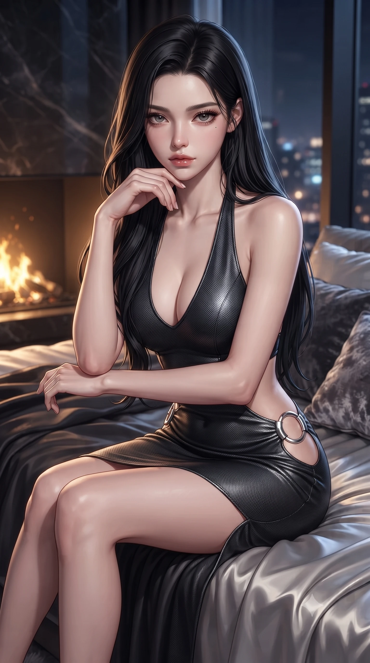 score_9, masterpiece, best quality, ultra-detailed, high-budget anime keyframe, editorial fashion photography, tasteful artistic composition, Korean woman. close-up cowboy shot from the waist and thighs up, the character dominates the composition, filling the frame with her large presence, background elements kept in soft focus. Resting her chin on the backs of her fingers, casting a sharp, mysterious gaze sitting on a plush silk daybed in a high-rise luxury penthouse overlooking city lights, rich silk sheets and crushed velvet cushions reflecting warm ambient lamps. She has an exceptionally elegant, slender, and willowy female figure with an ultra-slim waist, a gracefully sculpted slender torso, and a refined silhouette. sharp v-shaped jawline, high-bridge nose, intricate jewel-like eyes with depth, thick eyelashes, glossy lips with a natural sheen. wearing a deep-scoop halter bodycon dress with hip cutouts connected by silver rings in charcoal grey and platinum, made of fine carbon-fiber weave and soft matte leather, featuring clean architectural cutouts along her slender torso, the form-contouring material highlighting her ultra-slim waist and long lines. illuminated by glowing hearth embers and dramatic city night rim light. ultra-reflective glossy finish, specular highlights, metallic sheen, high-contrast stereoscopic depth, volumetric dynamic lighting, 2k, ultra detail, master piece, 9:16 ratio
