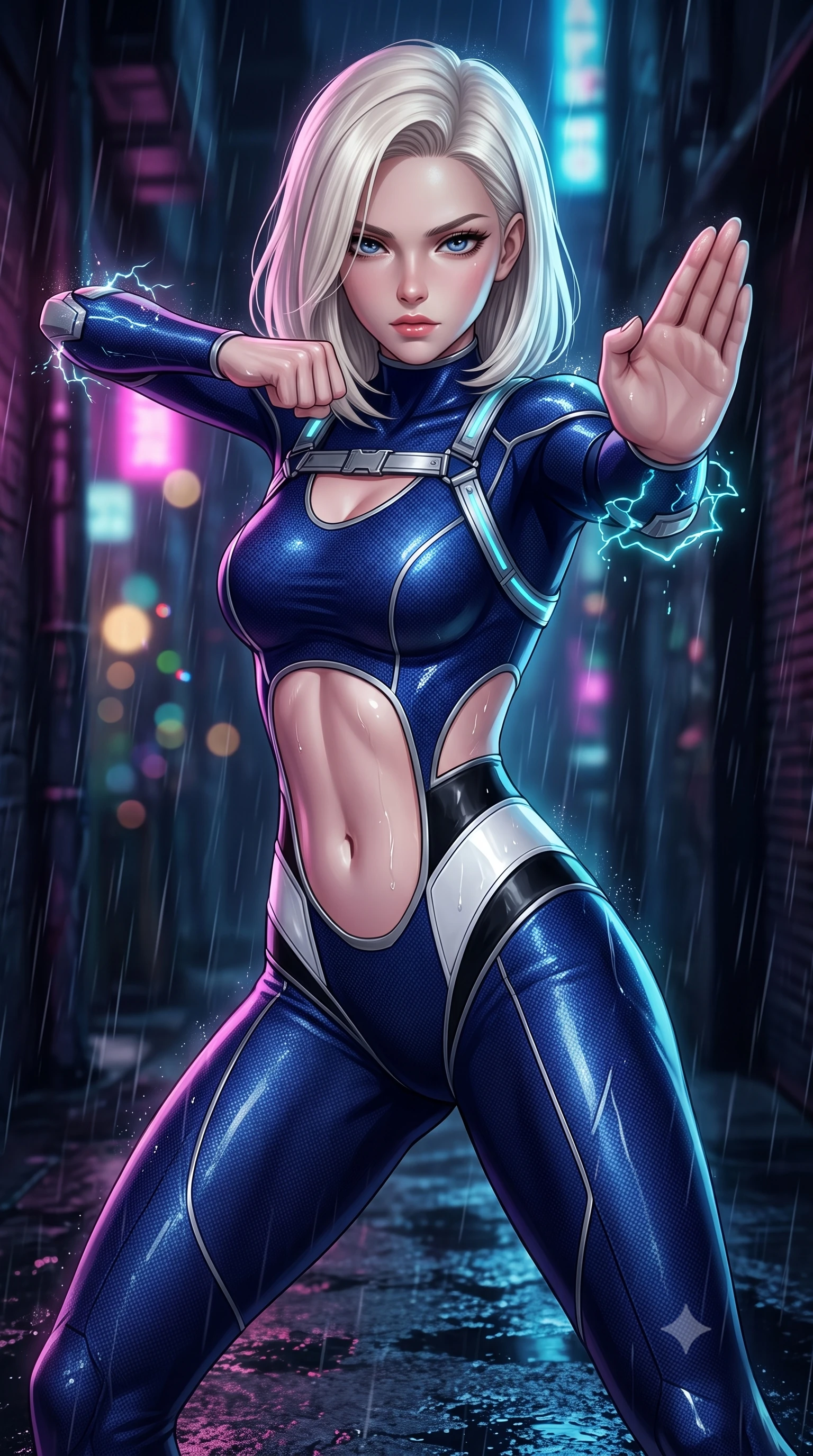 score_9, masterpiece, best quality, ultra-detailed, high-budget anime keyframe, semi-realistic 3D game render, editorial fashion photography, tasteful artistic composition, Caucasian woman. close-up cowboy shot from the waist and thighs up, the character dominates the composition, filling the frame with her large presence. twisting her upper body in a dynamic S-curve martial arts stance, cybernetic elbow dampers emitting subtle electric sparks as she aims a focused palm strike while assuming a defensive Panzer Kunst combat stance in a narrow rain-soaked cyberpunk alley as cyan electromagnetic arcs crackle on her elbows. The composition keeps background elements in soft focus with creamy bokeh. falling raindrops catching neon light motes across a dark noir backdrop. She has an exceptionally elegant, slender, and willowy female figure with an ultra-slim waist, a gracefully sculpted slender torso, toned flat midriff, and a refined slim silhouette. sharp v-shaped jawline, high-bridge nose, intricate jewel-like eyes with depth, thick eyelashes, glossy lips with a natural sheen, flawlessly proportioned anatomical accuracy, strict slender model proportions, natural body alignment, perfectly sculpted long slender limbs, ultra-slim waistline, clean dynamic posture without body distortion. wearing a statuesque midnight cobalt carbon-fiber battle-suit with platinum trim, reinforced kinetic palm plates, and an ultra-slim waistline in monochrome white enamel carbon with high-contrast black panels, tailored from flexible second-skin carbon-mesh that clings flawlessly to her athletic curves, reinforced by a sleek titanium kinetic harness and glowing micro-energy straps, the precision-cut daring openings accentuating her delicate midriff, graceful bare collarbones, and ultra-slim feminine waistline. illuminated by wet reflective highlights tracing her sculpted flat midriff, waist, and long legs. rich saturated anime colors with glowing neon highlights, detailed shading with soft gradients, rich glossy textures, high-contrast stereoscopic depth, volumetric dynamic lighting, master piece, 9:16 ratio