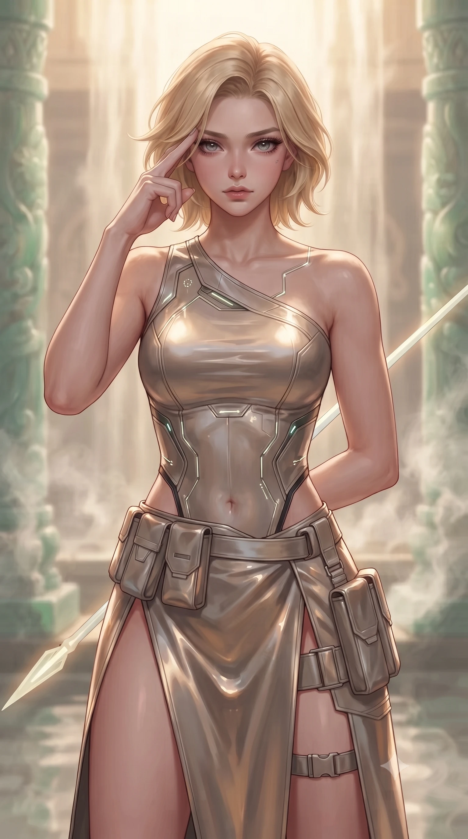 score_9, masterpiece, best quality, ultra-detailed, high-budget anime keyframe, editorial fashion photography, tasteful artistic composition, Caucasian woman. close-up cowboy shot from the waist and thighs up, the character dominates the composition, filling the frame with her large presence, background elements kept in soft focus. pressing two fingers to her temple while holding a light-spear diagonally behind her in a composed thoughtful gesture, the background shows a soft-focus a waterfall sanctuary chamber with translucent jade pillars and steam vents. She has an exceptionally elegant, slender, and willowy female figure with an ultra-slim waist, a gracefully sculpted slender torso, and a refined silhouette. sharp v-shaped jawline, high-bridge nose, intricate jewel-like eyes with depth, thick eyelashes, glossy lips with a natural sheen. wearing a tailored asymmetric one-shoulder nanotech bodice paired with a daring high-slit tactical utility wrap skirt. low-contrast, soft warm ambient uplight casting a peaceful, gold glow. ultra-reflective glossy finish, specular highlights, metallic sheen, high-contrast stereoscopic depth, volumetric dynamic lighting, 2k, ultra detail, master piece, 9:16 ratio