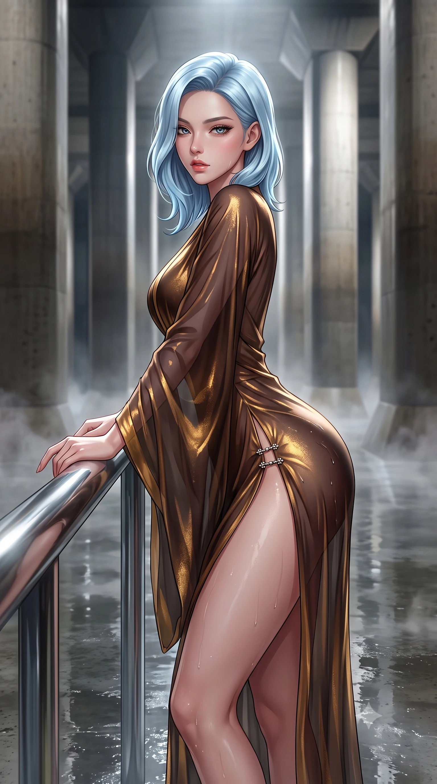 score_9, masterpiece, best quality, ultra-detailed, high-budget anime keyframe, semi-realistic 3D game render, editorial fashion photography, tasteful artistic composition, Korean woman. close-up cowboy shot from the waist and thighs up, the character dominates the composition, filling the frame with her large presence. leaning forward against the polished railing with her hips cocked back, creating an intoxicating curve from her narrow waist to sculpted hips as she gazes back into the lens while standing on the vast wet concrete floor between monumental 20-meter high pillars resembling a subterranean temple, arching her back with high-fashion sovereign poise. The composition keeps background elements in soft focus with creamy bokeh. water surface sheen on the vast cistern floor and rising subterranean mist softened in monumental minimalist shallow focus. She has an exceptionally elegant, slender, and willowy female figure with an ultra-slim waist, flat toned midriff, narrow ribcage, and sculpted feminine hips creating an alluring, slim hourglass silhouette without bulk. sharp v-shaped jawline, high-bridge nose, intricate jewel-like eyes with depth, thick eyelashes, glossy parted lips with a natural sheen, intensely captivating and seductive bedroom-eyes expression, flawlessly proportioned anatomical accuracy, strict slender model proportions, natural body alignment, perfectly sculpted long slender limbs, ultra-slim waistline, clean dynamic posture without body distortion. wearing a delicate semi-translucent silk yukata that clings to her wet skin and curvy hip contours in dark espresso brown and molten gold foil, woven from layered gossamer chiffon with a weightless sweeping drape, finished with an ultra-high side slit secured by miniature jeweled clasps, the liquid-tight tailored fabric clinging flawlessly to her narrow waist and rounded feminine hips, emphasizing every millimeter of her sculpted slim hourglass curves without any bulky heaviness. bathed in dramatic architectural floodlights beaming down between giant pillars creating high-contrast chiaroscuro. highly saturated vibrant anime colors, detailed shading with soft gradients, rich glossy textures, high-contrast stereoscopic depth, volumetric dynamic lighting, master piece, 9:16 ratio