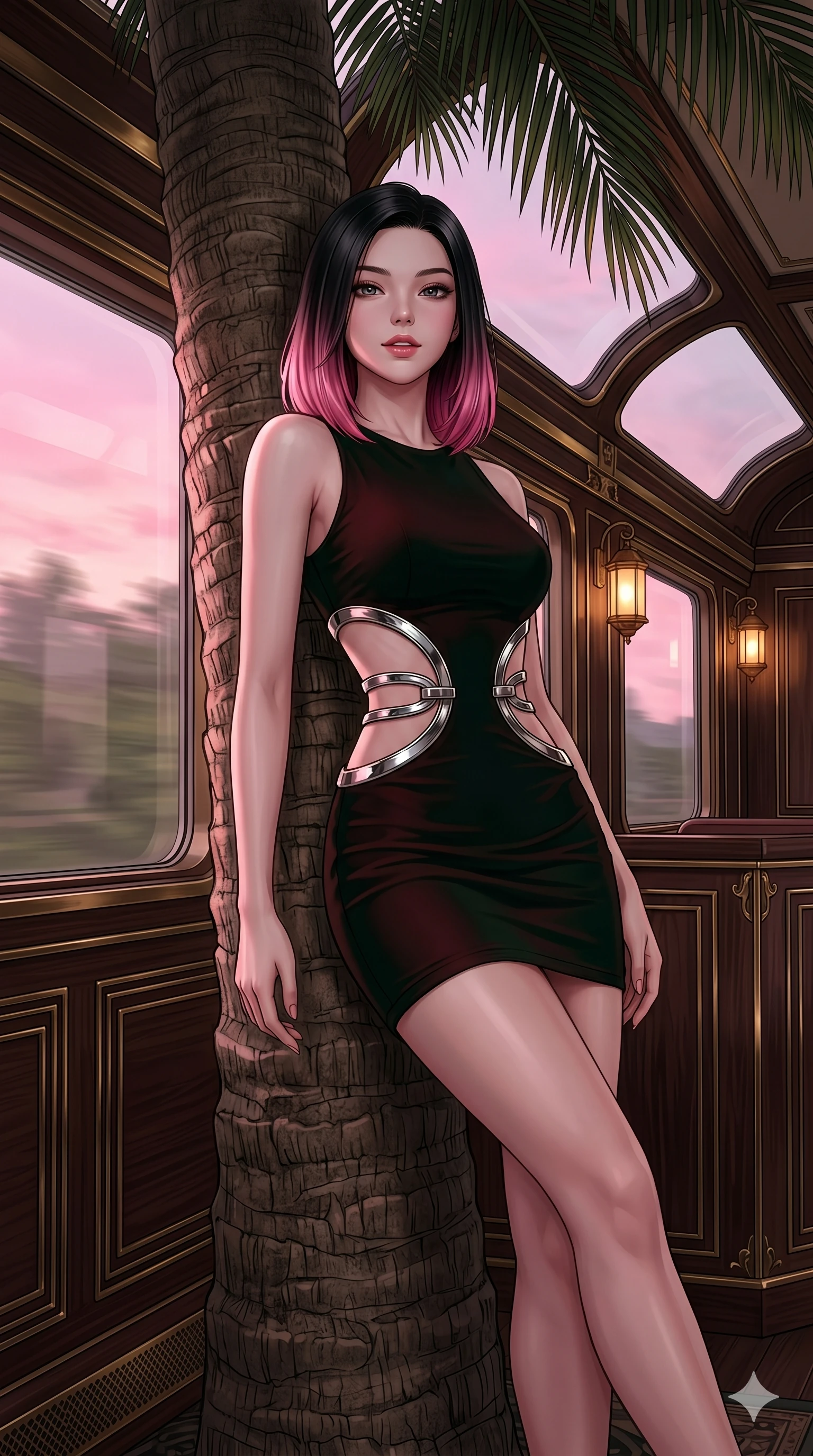 score_9, masterpiece, best quality, ultra-detailed, high-budget anime keyframe, editorial fashion photography, tasteful artistic composition, Korean woman. cowboy shot from the thighs up, character and outfit filling the frame for maximum editorial presence. leaning back against a massive palm trunk, her lips parted slightly in a confident smile inside a luxury train car cabin with dark wood paneling and large windows (Code-P18-070). She has an absolutely perfect 8-heads proportion, an exceptionally tall and slender female figure with impossibly long slender legs and an ultra-slim waist. V-shaped jawline, high-bridge nose, intricate jewel-like eyes with depth, thick eyelashes, glossy lips with a natural sheen. wearing a bodycon dress with dramatic curved waist cutouts framed by chrome ring hardware. soft pink sunset glow mixed with warm lantern light, tracing her jawline and lips. 2k, ultra detail, master piece, 9:16 ratio