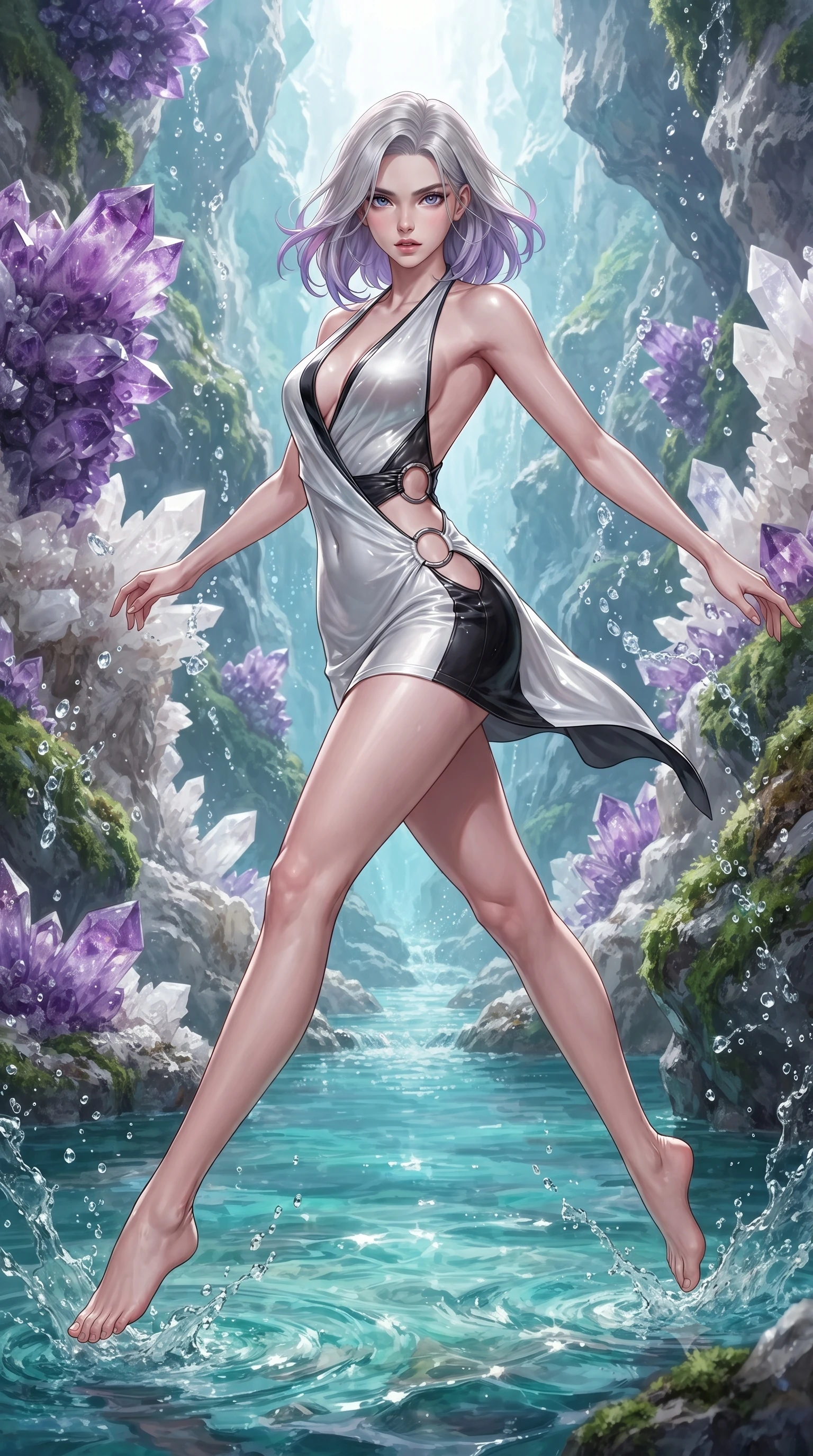 score_9, masterpiece, best quality, ultra-detailed, high-budget anime keyframe, editorial fashion photography, tasteful artistic composition, Caucasian woman. low angle full-body shot from head to toe showing her feet, filling the entire 9:16 vertical frame with her statuesque presence, stretching her vertical silhouette. leaping through mid-air with an athletic yet alluring arch of her spine, her impossibly long slender legs stretched in flawless poise while standing waist-deep in pure turquoise river water framed by towering amethyst and white quartz crystal canyon walls. The surrounding environment is rendered in vivid detail and crisp panoramic clarity. intricate amethyst cluster formations, cascading water splash droplets, and lush canyon moss in high clarity. She has an absolutely perfect, statuesque 8.5-heads proportion, an exceptionally tall and slender model-like female figure with impossibly long slender legs, a toned flat midriff, and an ultra-slim waist. sharp v-shaped jawline, high-bridge nose, intricate jewel-like eyes with depth, thick eyelashes, glossy lips with a natural sheen, flawlessly proportioned anatomical accuracy, strict slender model proportions, natural body alignment, perfectly sculpted long slender limbs, ultra-slim waistline, clean dynamic posture without body distortion. wearing a form-contouring liquid satin halter-neck mini dress with a deep crossover cowl front, open back, and ultra-slender waist drape in high-gloss monochrome white and sharp black contrast, tailored from semi-translucent cybernetic vinyl with glowing micro-filaments, detailed with polished silver rings connecting the daring side-waist cutouts, the precision-cut daring openings accentuating her delicate midriff, graceful bare collarbones, and ultra-slim feminine waistline. illuminated by sparkling river water caustics and crisp white key lighting. ultra-reflective glossy finish, specular highlights, metallic sheen, high-contrast stereoscopic depth, volumetric dynamic lighting, 2k, ultra detail, master piece, 9:16 ratio