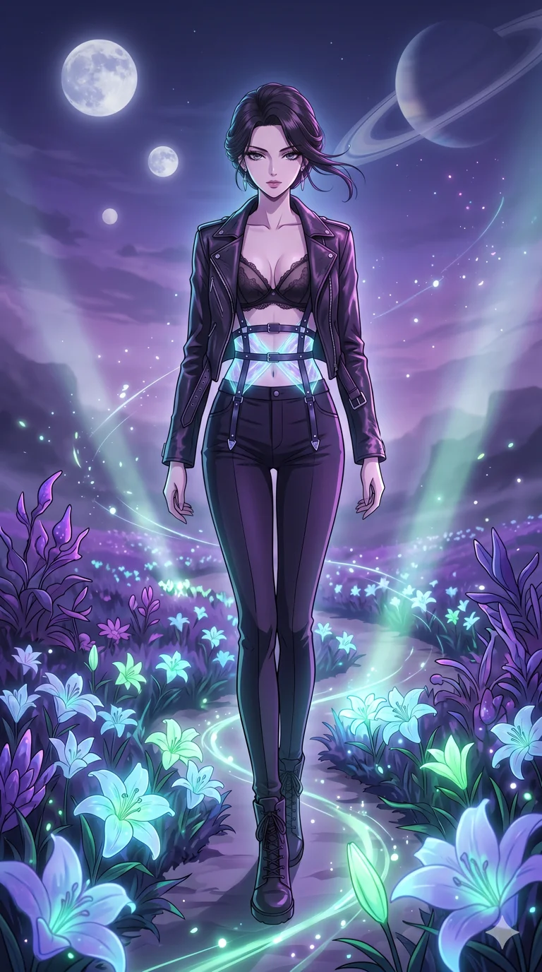 score_9, masterpiece, best quality, ultra-detailed, High-budget Anime Keyframe, vibrant colors, fluid line-art, expressive lighting, cinematic composition, Ufotable-style visual effects, top-tier animation quality, Japanese woman with delicate and elegant anime-inspired features. Wide-angle low shot emphasizing her impossibly long slender legs and commanding stature. Walking gracefully through a field of bioluminescent lilies that glow brighter as she passes, under a sky filled with three moons. She has an absolutely perfect 8-heads proportion, an exceptionally tall and slender female figure with impossibly long slender legs and an ultra-slim waist, her statuesque height and towering silhouette dominating the vertical 9:16 frame. Her face is a masterpiece featuring a sharp v-shaped jawline, high-bridge nose, intricate jewel-like eyes with depth, thick eyelashes, and glossy lips with a natural sheen. She is wearing a Unzipped deeply leather jacket over a delicate sheer lace bra and a high-waisted harness crafted from Bioluminescent silk that emits a soft, ethereal glow from within the fabric, featuring a crystalline structure that catches the light and reveals her slender frame. The scene is set in a mysterious alien planet with bioluminescent purple flora and a giant ringed planet in the sky, illuminated by volumetric light beams cutting through a hazy atmosphere, creating a sense of depth. 2k, ultra detail, master piece, 9:16 ratio