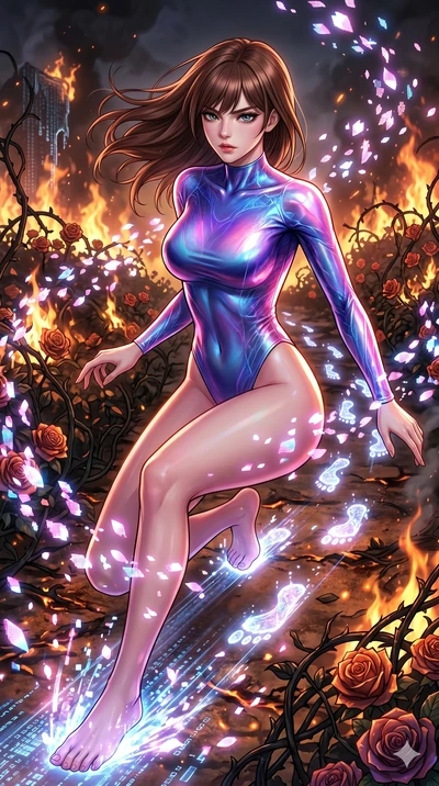 score_9, masterpiece, best quality, ultra-detailed, Set A: High-budget Anime Keyframe, Korean woman. Upper body close-up from the thighs up, character filling the screen for maximum presence. Sliding through a burning rose garden, as she leaves a tra