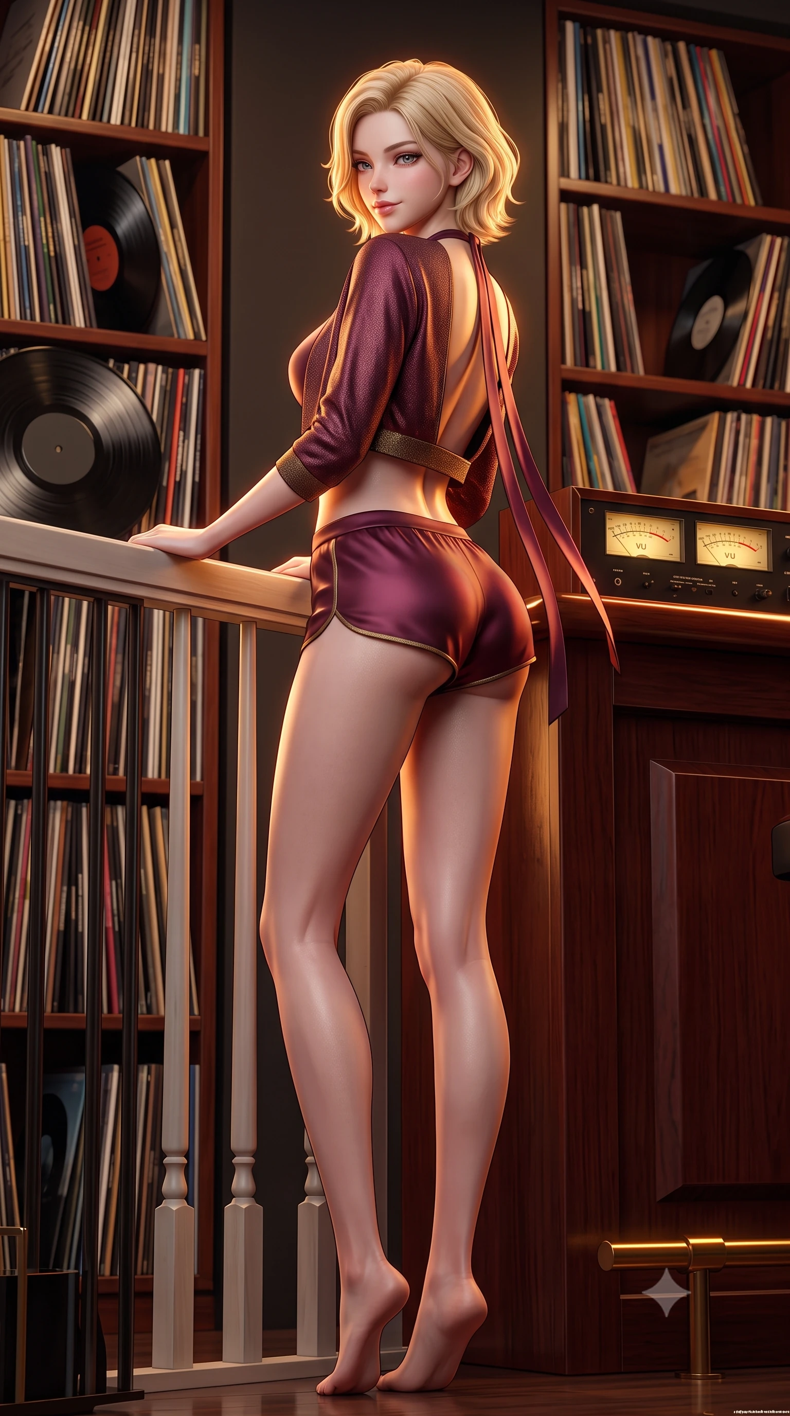 score_9, masterpiece, best quality, ultra-detailed, high-budget anime keyframe, semi-realistic 3D game render, editorial fashion photography, tasteful artistic composition, Caucasian woman. low angle full-body shot from head to toe showing her feet, filling the entire 9:16 vertical frame with her statuesque presence, stretching her vertical silhouette. leaning deep against the balcony balustrade with hips cocked back in an unapologetically alluring high-fashion stance, casting an intoxicating glance while standing poised between floor-to-ceiling vinyl shelves with hips cocked back, looking over a bare shoulder with an irresistible bedroom-gaze. The surrounding environment is rendered in vivid detail and crisp panoramic clarity: sharp vinyl record groove sheen, analog stereo VU meter needle clarity, and polished mahogany bar grain in deep focus. She has an absolutely perfect, statuesque 8.5-heads proportion, an exceptionally tall and slender model-like female figure with impossibly long slender legs, an ultra-slim waist, a flat toned midriff, narrow delicate ribcage, and beautifully sculpted feminine hips creating a graceful, slim hourglass silhouette without any bulky heaviness. sharp v-shaped jawline, high-bridge nose, sparkling eyes with hypnotic seductive depth, thick curled eyelashes, glossy parted lips with a natural dewy peach sheen, alluring bedroom-eyes with an enchanting coquettish smile, exuding magnetic siren charisma and sophisticated glamour, flawlessly proportioned anatomical accuracy, strict slender model proportions, natural body alignment, perfectly sculpted long slender limbs, ultra-slim waistline, clean dynamic posture without body distortion. wearing a modern two-piece royal silk loungewear set featuring an open-front short bolero and form-fitting silk hot-pants in smoky bordeaux wine and gilded bronze, woven from stretch metallic lurex jersey casting radiant starlight glints across her silhouette, finished with long silk ribbon ties fluttering down her bare spine from a backless halter, the second-skin tailored fabric adhering flawlessly to her sculpted flat midriff and slender torso, emphasizing her long leg lines and perfectly proportioned willowy build. illuminated by polished bar counter bounce and sharp amber rim lighting sculpting her jawline, narrow waist, and curvy hips. highly saturated vibrant anime colors, detailed shading with soft gradients, rich glossy textures, high-contrast stereoscopic depth, volumetric dynamic lighting, master piece, 9:16 ratio