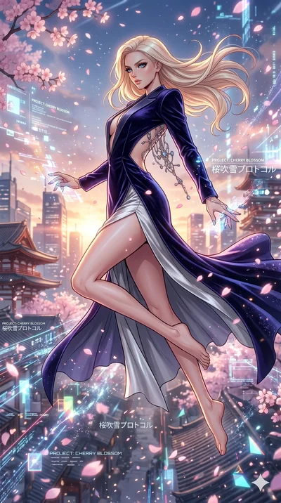 score_9, masterpiece, best quality, ultra-detailed, high-budget anime movie keyframe, cinematic anime lighting, intricate line art, Japanese woman. Mid-air action shot capturing a graceful twist and vertical silhouette. leaping through a blizzard of 