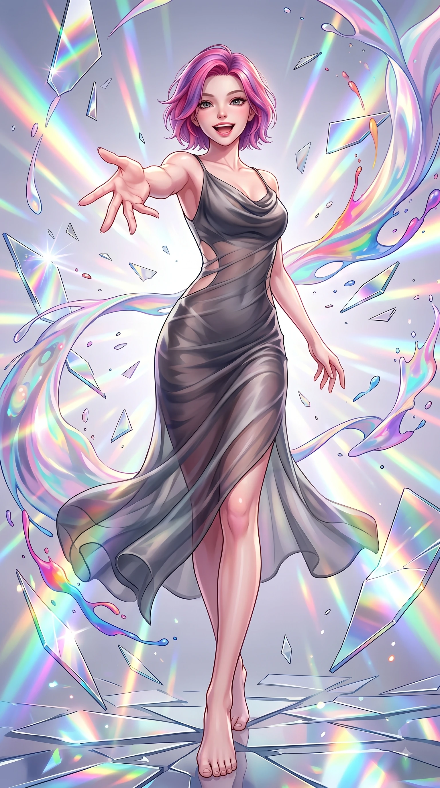 score_9, masterpiece, best quality, ultra-detailed, high-budget anime keyframe, editorial fashion photography, tasteful artistic composition, Caucasian woman. low angle full-body shot from head to toe showing her feet, filling the entire 9:16 vertical frame with her statuesque presence, stretching her vertical silhouette. forging dynamically through the scene with a happy infectious smile, her ultra-slim waist creating a sweeping curve while reaching her hand forward with a cheerful smile as shattered mirror prisms scatter rainbow beams, vibrant ribbons of opal paint and color splashes frozen in mid-air around her figure. She has an absolutely perfect, statuesque 8.5-heads proportion, an exceptionally tall and slender model-like female figure with impossibly long slender legs and an ultra-slim waist. sharp v-shaped jawline, high-bridge nose, intricate jewel-like eyes with depth, thick eyelashes, glossy lips with a natural sheen, flawlessly proportioned anatomical accuracy, natural body alignment, perfectly sculpted elegant limbs, clean dynamic posture without body distortion. wearing an elegant cowl-neck satin midi dress with a graceful draped neckline in charcoal grey and platinum, woven from fine semi-opaque sheer organza, featuring clean architectural cutouts along her slender torso, the sleek second-skin texture accentuating her magnetic presence. bathed in high-contrast vibrant studio lighting with sharp cheerful specular highlights. highly saturated vibrant anime colors, detailed shading with soft gradients, rich glossy textures, high-contrast stereoscopic depth, volumetric dynamic lighting, master piece, 9:16 ratio
