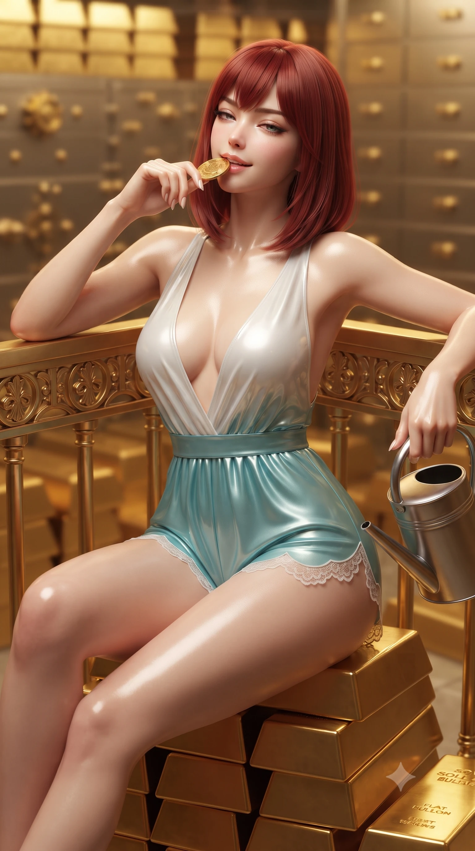 score_9, masterpiece, best quality, ultra-detailed, high-budget anime keyframe, editorial fashion photography, tasteful artistic composition, Caucasian woman. close-up cowboy shot from the waist and thighs up, the character dominates the composition, filling the frame with her large presence. leaning back against the balustrade with relaxed seductive grace, head tilted back slightly while casting a hypnotic, heavy-lidded gaze while sitting perched on a stack of golden bullion with legs crossed, holding a solid gold coin near her lips with dangerous coquettish cool. The background shows a soft-focus endless walls of gleaming solid gold bars, heavy titanium vault lock bolts, and safety deposit drawers blurred into molten gold, platinum, and charcoal bokeh. She has an exceptionally elegant, slender, and willowy female figure with an ultra-slim waist, flat toned midriff, narrow ribcage, and sculpted feminine hips creating an alluring, slim hourglass silhouette without bulk. sharp v-shaped jawline, high-bridge nose, sparkling eyes with hypnotic seductive depth, thick curled eyelashes, glossy parted lips with a natural dewy peach sheen, alluring bedroom-eyes with an enchanting coquettish smile, exuding magnetic siren charisma and sophisticated glamour, flawlessly proportioned anatomical accuracy, strict slender model proportions, natural body alignment, perfectly sculpted long slender limbs, ultra-slim waistline, clean dynamic posture without body distortion. wearing a deep V-neck botanical romper with scalloped eyelash-lace hems and a cinched satin ribbon tracing her narrow waist in celestial water-lily white and shimmering aquamarine, crafted from wet-look high-gloss vinyl fabric with dazzling specular surface reflections, finished with an antique brass watering can held casually at her side, the liquid-tight tailored fabric clinging flawlessly to her narrow waist and rounded feminine hips, emphasizing every millimeter of her sculpted slim hourglass curves without any bulky heaviness. illuminated by gold bullion bounce fill and sharp warm-gold rim lights defining her delicate clavicles, narrow waist, and curvy hips. ultra-reflective glossy finish, specular highlights, rich textural contrasts, high-contrast stereoscopic depth, volumetric dynamic lighting, 2k, ultra detail, master piece, 9:16 ratio
