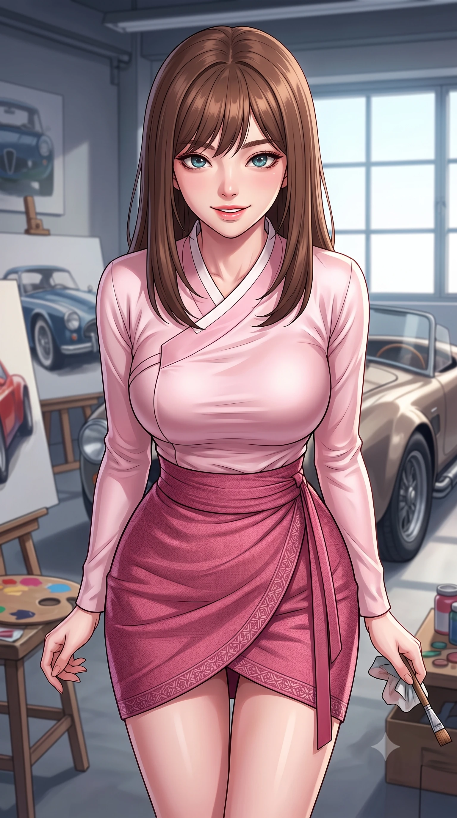 score_9, masterpiece, best quality, ultra-detailed, high-budget anime keyframe, tasteful artistic composition, Korean woman. close-up cowboy shot from the waist and thighs up, the character dominates the composition, filling the frame with her large presence, background elements kept in soft focus. leaning slightly forward with a playful, teasing smile, her gaze locked onto the viewer the background shows a soft-focus a private art studio garage filled with car canvases, paints, and a vintage roadster. She has an exceptionally elegant, slender, and willowy female figure with an ultra-slim waist, a gracefully sculpted slender torso, and a refined silhouette. sharp v-shaped jawline, high-bridge nose, intricate jewel-like eyes with depth, thick eyelashes, glossy lips with a natural sheen. wearing a body-hugging modern fusion hanbok jeogori in light pink silk, paired with a high-waisted wrap skirt. crisp North daylight casting soft, consistent lighting over the workspace. highly saturated vibrant anime colors, cel-shading, 2d style, master piece, 9:16 ratio