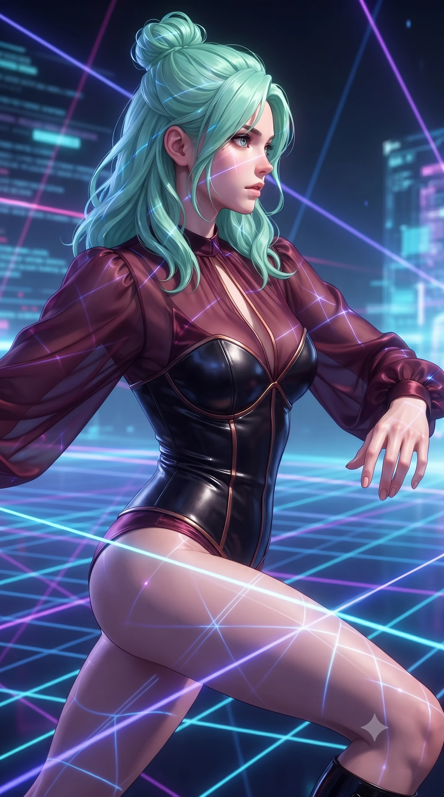 score_9, masterpiece, best quality, ultra-detailed, high-budget anime keyframe, editorial fashion photography, tasteful artistic composition, Japanese woman. close-up cowboy shot from the waist and thighs up, the character dominates the composition, filling the frame with her large presence, background elements kept in soft focus. Turning her face in sharp profile while her upper body leans forward with poised athletic grace while leaping across a grid of shifting laser beams while turning to gaze at the camera, laser lines casting precise geometric grid highlights on her athletic form. She has an exceptionally elegant, slender, and willowy female figure with an ultra-slim waist, a gracefully sculpted slender torso, and a refined silhouette. sharp v-shaped jawline, high-bridge nose, intricate jewel-like eyes with depth, thick eyelashes, glossy lips with a natural sheen, flawlessly proportioned anatomical accuracy, natural body alignment, perfectly sculpted elegant limbs, clean dynamic posture without body distortion. wearing a tailored leather bustier over a sheer silk chiffon blouse in deep burgundy and bronze, crafted from lustrous satin jersey with fluid draping, accented with a Tasteful chest slit framing her clavicle gracefully, the tailored fabric tightly following every curve of her athletic build. illuminated by radiant holographic displays and intense laser beam highlights. ultra-reflective glossy finish, specular highlights, metallic sheen, high-contrast stereoscopic depth, volumetric dynamic lighting, 2k, ultra detail, master piece, 9:16 ratio