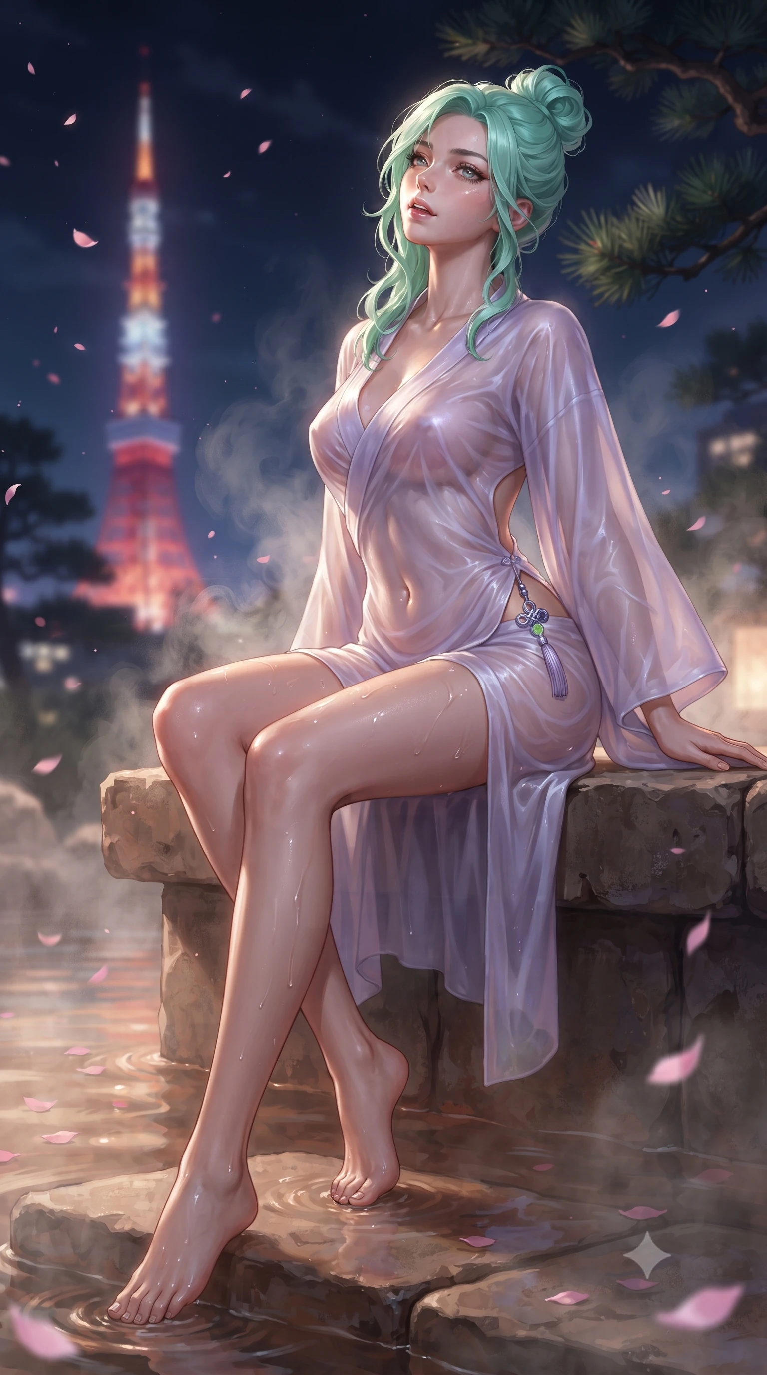 score_9, masterpiece, best quality, ultra-detailed, high-budget anime keyframe, editorial fashion photography, tasteful artistic composition, Japanese woman. low angle full-body shot from head to toe showing her feet, filling the entire 9:16 vertical frame with her statuesque presence, stretching her vertical silhouette. sitting perched on the elevated ledge with hips angled toward the camera and legs crossed, displaying her toned midriff and flawlessly sculpted slender limbs while wading through the thermal mineral pool beneath falling pink sakura petals, arching her spine in pure pleasure as steam curls around her waist. The composition keeps background elements in soft focus with creamy bokeh. distant Tokyo Tower neon lights and dark pine branches softened in dreamy nocturnal shallow focus. She has an absolutely perfect, statuesque 8.5-heads proportion, an exceptionally tall and slender model-like female figure with impossibly long slender legs, a toned flat midriff, an ultra-slim waist, and beautifully sculpted feminine hips. sharp v-shaped jawline, high-bridge nose, intricate jewel-like eyes with depth, thick eyelashes, glossy parted lips with a natural sheen, intensely captivating and seductive bedroom-eyes expression, flawlessly proportioned anatomical accuracy, strict slender model proportions, natural body alignment, perfectly sculpted long slender limbs, ultra-slim waistline, clean dynamic posture without body distortion. wearing a delicate semi-translucent silk yukata that clings to her wet skin and curvy hip contours in ethereal lilac mist and pearlescent white, crafted from supple second-skin lambskin leather with specular wet sheen, accented with a glowing metallic norigae knot charm resting against her hip, the precision-cut side openings and low-back scoop framing her graceful spine and the sensual sweep of her hips. illuminated by wet specular reflections accentuating her sculpted collarbones, narrow waist, and curvy hips. ultra-reflective glossy finish, specular highlights, rich textural contrasts, high-contrast stereoscopic depth, volumetric dynamic lighting, 2k, ultra detail, master piece, 9:16 ratio