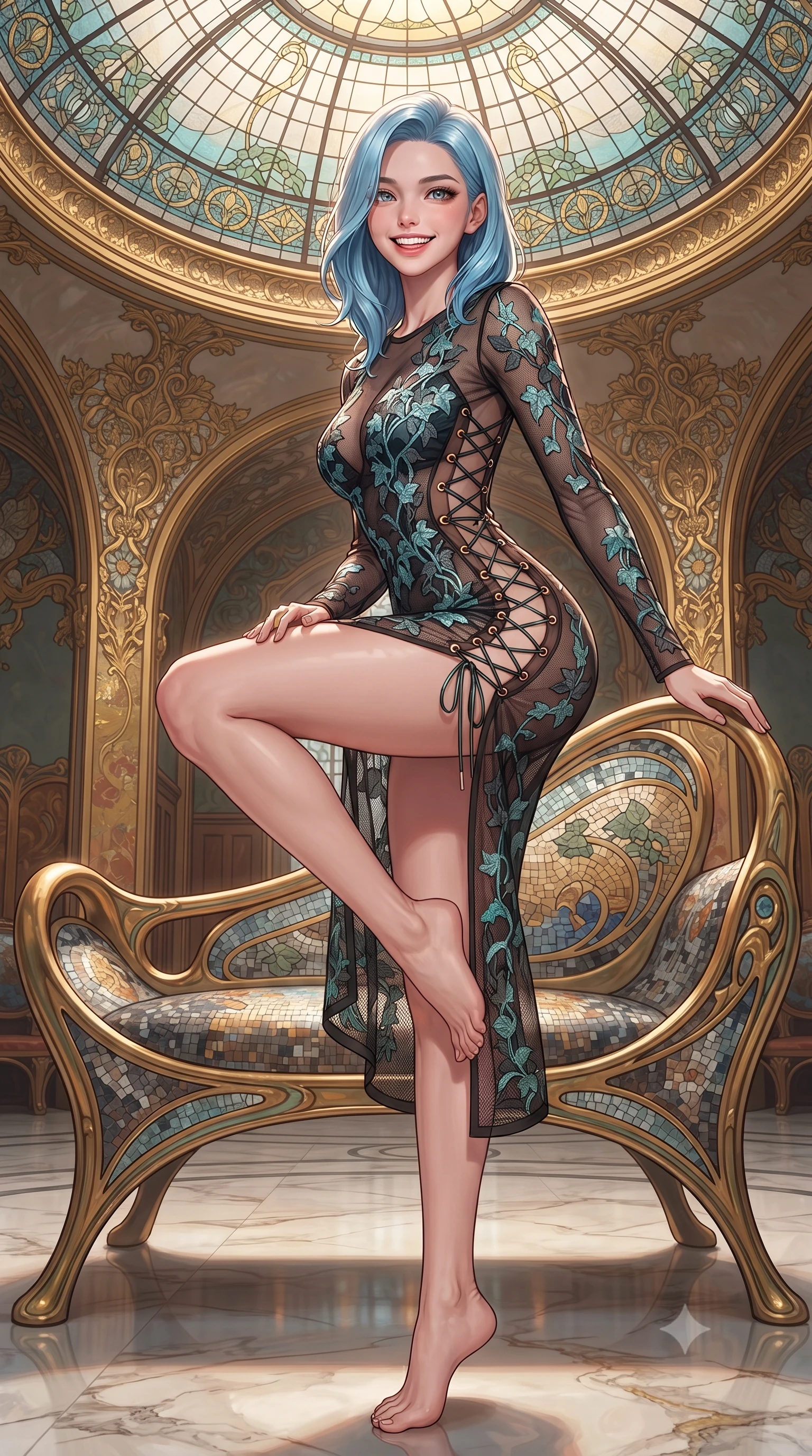 score_9, masterpiece, best quality, ultra-detailed, high-budget anime keyframe, editorial fashion photography, tasteful artistic composition, Korean woman. close-up cowboy shot from the waist and thighs up, the character dominates the composition, filling the frame with her large presence. perched sideways on the lounge seat, one knee drawn up to showcase her slender leg line while her arched back accentuates her feminine hip curve while standing poised on the polished marble floor beneath the sweeping Art Nouveau stained-glass dome, arching her back with siren elegance as Alphonse Mucha-style gilded mosaics shimmer. The surrounding environment is rendered in vivid detail and crisp panoramic clarity: detailed garment folds, intricate lace or tailored seams, and master Secessionist craft in razor-sharp precision. She has an exceptionally elegant, slender, and willowy female figure with an ultra-slim waist, flat toned midriff, narrow ribcage, and sculpted feminine hips creating an alluring, slim hourglass silhouette without bulk. sharp v-shaped jawline, high-bridge nose, intricate jewel-like sparkling eyes with depth, thick eyelashes, glossy parted lips with a natural peach sheen, bright cheerful beaming smile with an enchanting and coquettish sensual glint, exuding both youthful cute charm and seductive allure, flawlessly proportioned anatomical accuracy, strict slender model proportions, natural body alignment, perfectly sculpted long slender limbs, ultra-slim waistline, clean dynamic posture without body distortion. wearing a provocative sheer noir illusion mesh cocktail dress with embroidered climbing ivy ribbons contouring her curves in Cape Town Atlantic aquamarine turquoise and raw granite charcoal, featuring strategic sheer-illusion tulle side panels framing her ribcage and hips, featuring fine criss-cross lace-up side ties revealing tantalizing glimpses of her hip curve, the glove-like clinging cut tightly following the natural contour of her hips and long slender legs with youthful 8.5-heads elegance. illuminated by marble floor reflection bounce and sharp rose-gold rim lights sculpting her jawline, narrow waist, and curvy hips. ultra-reflective glossy finish, specular highlights, rich textural contrasts, high-contrast stereoscopic depth, volumetric dynamic lighting, 2k, ultra detail, master piece, 9:16 ratio