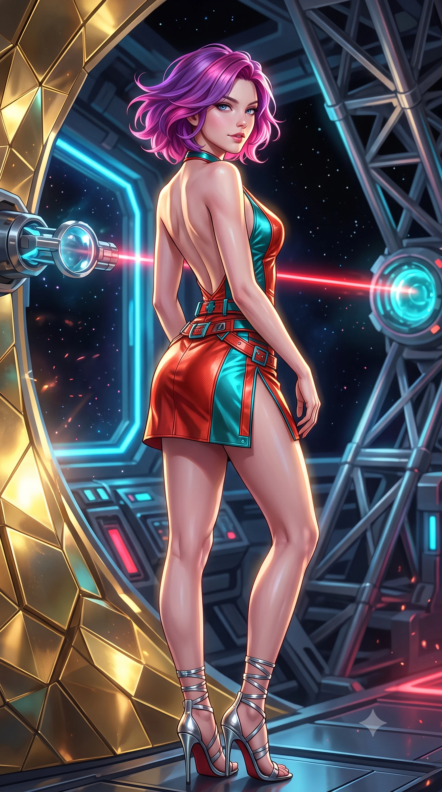 score_9, masterpiece, best quality, ultra-detailed, high-budget anime keyframe, semi-realistic 3D game render, editorial fashion photography, tasteful artistic composition, Caucasian woman. close-up cowboy shot from the waist and thighs up, the character dominates the composition, filling the frame with her large presence. turning slowly with an enchanting smoldering smile, her glossy hair tossing in the breeze as her hips angle gracefully in a captivating contrapposto while leaning against the gold-plated radiation shield with hips cocked back, looking through laser-pumped plasma conduits into the pitch-black void with smoldering bedroom-eyes. The surrounding environment is rendered in vivid detail and crisp panoramic clarity: sharp gold-leaf mirror facets, crystalline optical laser lenses, and heavy structural titanium trusswork in deep focus. She has an exceptionally elegant, slender, and willowy female figure with an ultra-slim waist, flat toned midriff, narrow ribcage, and sculpted feminine hips creating an alluring, slim hourglass silhouette without bulk. sharp v-shaped jawline, high-bridge nose, intricate jewel-like sparkling eyes with depth, thick eyelashes, glossy parted lips with a natural peach sheen, bright cheerful beaming smile with an enchanting and coquettish sensual glint, exuding both youthful cute charm and seductive allure, flawlessly proportioned anatomical accuracy, strict slender model proportions, natural body alignment, perfectly sculpted long slender limbs, ultra-slim waistline, clean dynamic posture without body distortion. wearing an alluring backless metallic lamé combat halter mini dress with deep open back down to her lower spine and thigh-high slit in cyber-shinto vermilion and laser turquoise, woven from buttery-soft stretch lambskin leather adhering to her body like a second skin, complemented by strappy stiletto sandals with metallic ankle wraps accentuating her slender calves, the form-contouring silhouette accentuating her sculpted flat midriff, narrow delicate ribcage, and gracefully curvy hips with intoxicating allure. illuminated by gold mirror reflection bounce and sharp solar-gold rim lights sculpting her jawline, narrow waist, and curvy hips. highly saturated vibrant anime colors, detailed shading with soft gradients, rich glossy textures, high-contrast stereoscopic depth, volumetric dynamic lighting, master piece, 9:16 ratio