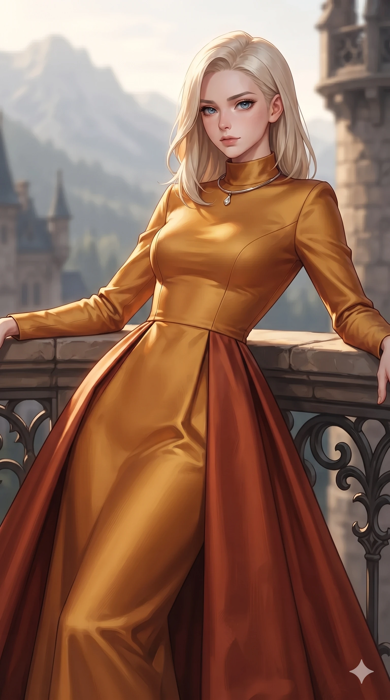 score_9, masterpiece, best quality, ultra-detailed, high-budget anime keyframe, editorial fashion photography, tasteful artistic composition, Caucasian woman. close-up cowboy shot from the waist and thighs up, the character dominates the composition, filling the frame with her large presence. leaning back with relaxed seductive grace, her sculpted collarbones and narrow waist highlighted as she casts smoldering bedroom-eyes directly into the camera while twisting her slender torso in an alluring S-curve, cool mountain winds molding her gown against her flat midriff and curvy hips. The composition keeps background elements in soft focus with creamy bokeh: windswept alpine highland air softened in high turret balcony shallow focus. She has an exceptionally elegant, slender, and willowy female figure with an ultra-slim waist, flat toned midriff, narrow ribcage, and sculpted feminine hips creating an alluring, slim hourglass silhouette without bulk. sharp v-shaped jawline, high-bridge nose, intricate jewel-like eyes with depth, thick eyelashes, glossy parted lips with a natural sheen, intensely captivating and seductive bedroom-eyes expression, flawlessly proportioned anatomical accuracy, strict slender model proportions, natural body alignment, perfectly sculpted long slender limbs, ultra-slim waistline, clean dynamic posture without body distortion. wearing a high-neck long-sleeve evening gown in structured silk mikado with a regal floor-sweeping A-line skirt in molten desert gold and burnt terracotta, crafted from bespoke double-faced cashmere with an exceptionally soft tactile finish, finished with a minimalist chrome choker and a single teardrop diamond pendant, the impeccably tailored cut draping gracefully along her slender figure with aristocratic poise. sharp directional rim lights sculpting her sculpted collarbones, ultra-slim waist, and curvy hips. ultra-reflective glossy finish, specular highlights, rich textural contrasts, high-contrast stereoscopic depth, volumetric dynamic lighting, 2k, ultra detail, master piece, 9:16 ratio