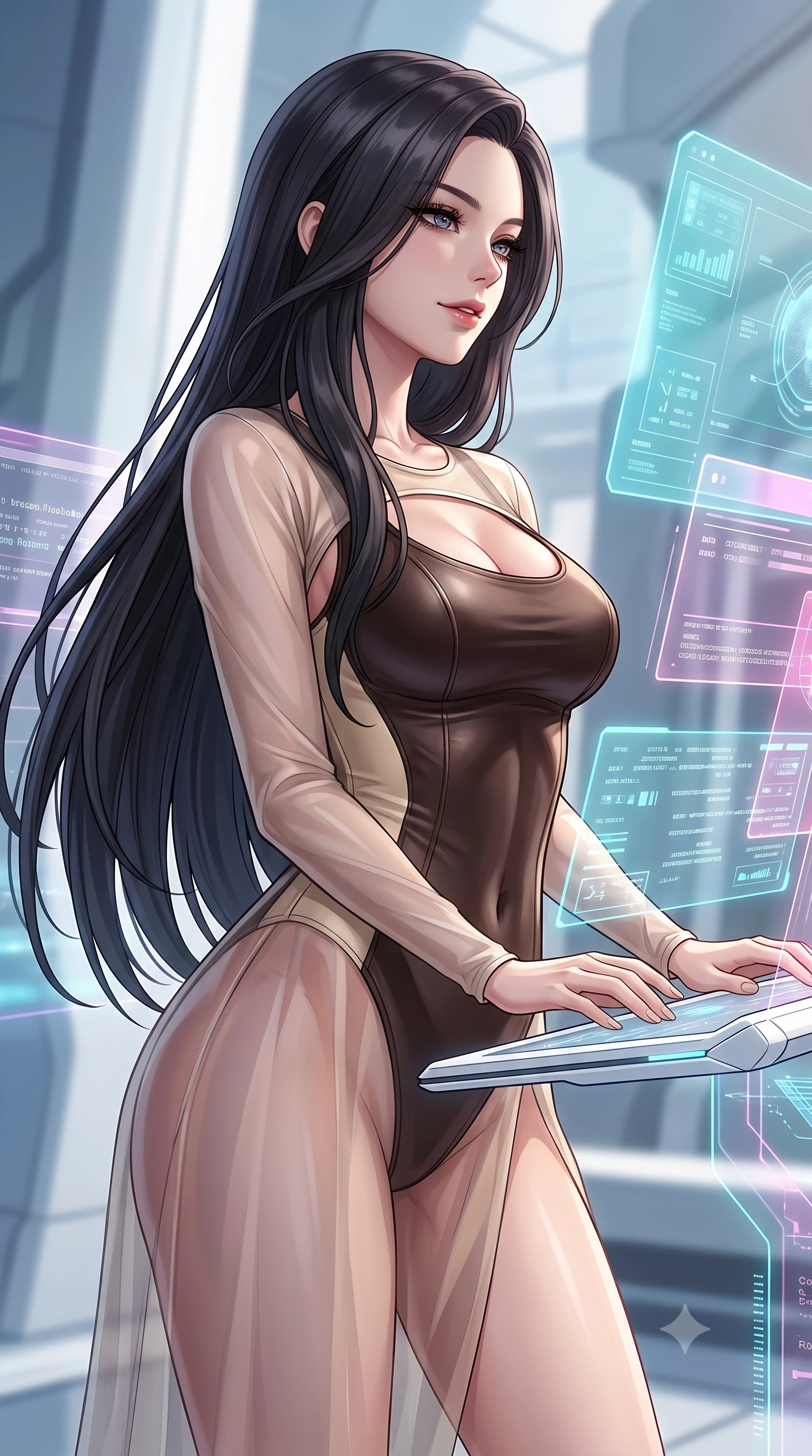 score_9, masterpiece, best quality, ultra-detailed, high-budget anime keyframe, editorial fashion photography, tasteful artistic composition, Korean woman. close-up cowboy shot from the waist and thighs up, the character dominates the composition, filling the frame with her large presence, background elements kept in soft focus. Glancing sidelong over her shoulder with a smoldering half-smile and heavy lashes resting on a sleek white floating console amidst glowing code streams, translucent cyan and magenta holographic panels hovering seamlessly. She has an exceptionally elegant, slender, and willowy female figure with an ultra-slim waist, a gracefully sculpted slender torso, and a refined silhouette. sharp v-shaped jawline, high-bridge nose, intricate jewel-like eyes with depth, thick eyelashes, glossy lips with a natural sheen. wearing a semi-opaque sheer overlay dress over a leather micro-bodysuit in espresso brown and warm cream, formed from sleek second-skin neoprene, accented with a Tasteful chest slit framing her clavicle gracefully, the tailored fabric tightly following every curve of her athletic build. surrounded by a crisp high-tech illumination highlighting every sleek curve. highly saturated vibrant anime colors, detailed shading with soft gradients, rich glossy textures, high-contrast stereoscopic depth, volumetric dynamic lighting, master piece, 9:16 ratio