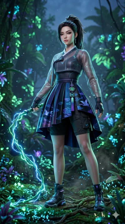 score_9, masterpiece, best quality, ultra-detailed, Semi-realistic 3D Game Render, high-fidelity character model, intricate textures, dynamic particle effects, Unreal Engine 5 aesthetic, crisp 3D depth, Korean woman with idol-like refined features. D