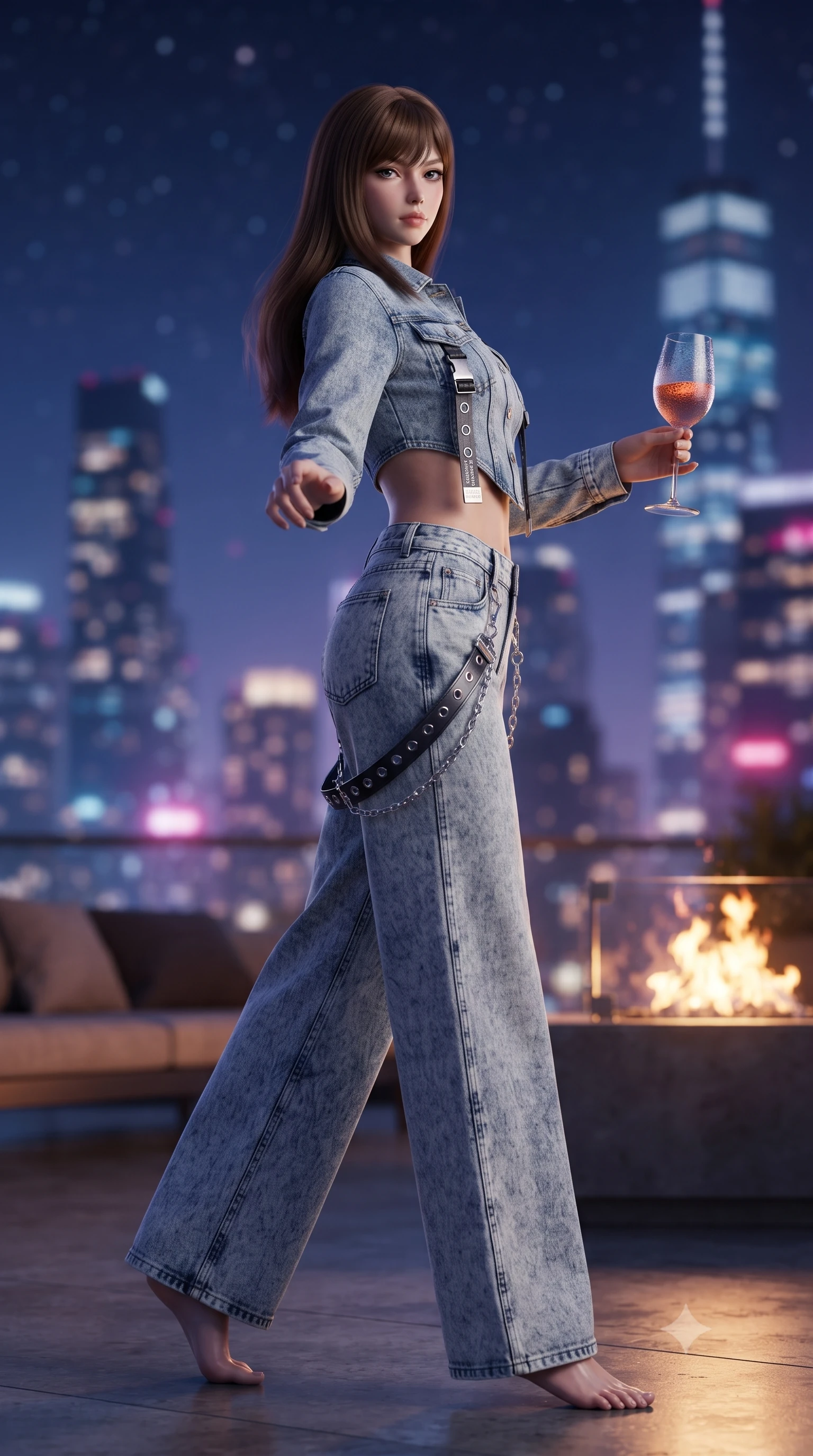score_9, masterpiece, best quality, ultra-detailed, high-budget anime keyframe, editorial fashion photography, tasteful artistic composition, Korean woman. low angle full-body shot from head to toe showing her feet, filling the entire 9:16 vertical frame with her statuesque presence, stretching her vertical silhouette. executing an elegant mid-motion spin with effortless grace, her garments fluttering softly around her ultra-slim waistline while holding a chilled glass of vintage rosé, casting a smoldering, confident gaze over her shoulder into the lens. The composition keeps background elements in soft focus with creamy bokeh. dazzling skyscraper metropolis light clusters and starry night skies blurred into deep sapphire, magenta, and gold bokeh. She has an absolutely perfect, statuesque 8.5-heads proportion, an exceptionally tall and slender model-like female figure with impossibly long slender legs, a toned flat midriff, and an ultra-slim waist. sharp v-shaped jawline, high-bridge nose, intricate jewel-like eyes with depth, thick eyelashes, glossy lips with a natural sheen, captivating and magnetic expression, flawlessly proportioned anatomical accuracy, strict slender model proportions, natural body alignment, perfectly sculpted long slender limbs, ultra-slim waistline, clean dynamic posture without body distortion. wearing a deconstructed denim corseted crop jacket paired with high-waisted wide-leg utility jeans and a silver grommet belt in acid-wash light denim and dark chrome, tailored from distressed structured cotton denim with metallic thread, accented with hanging industrial clip straps and chrome chain links edition #13, the liquid-tight tailored fabric emphasizing every curve of her tall, slender model proportions and sculptured silhouette during dynamic movement. bathed in twilight indigo sky tones and warm amber rooftop fire pit glow. ultra-reflective glossy finish, specular highlights, rich textural contrasts, high-contrast stereoscopic depth, volumetric dynamic lighting, 2k, ultra detail, master piece, 9:16 ratio