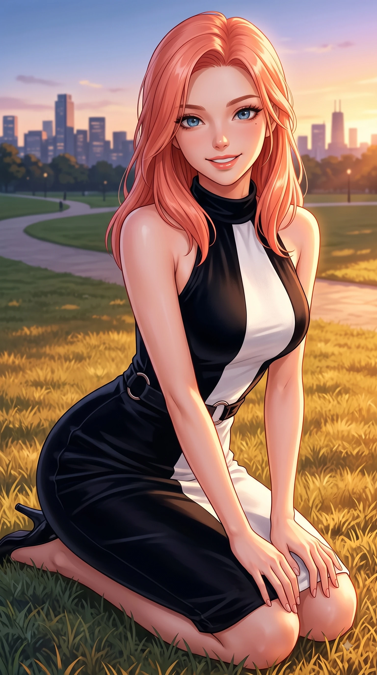 score_9, masterpiece, best quality, ultra-detailed, high-budget anime keyframe, editorial fashion photography, tasteful artistic composition, Japanese woman. close-up cowboy shot from the waist and thighs up, the character dominates the composition, filling the frame with her large presence. Gazing directly into the camera with a fresh, infectious smile as her torso curves dynamically in mid-stride while resting on her knees on the grass as warm sunset rays illuminate her radiant beauty. The surrounding environment is rendered in vivid detail and crisp panoramic clarity. scenic walking paths and distant city skyline silhouettes captured with environmental clarity. She has an exceptionally elegant, slender, and willowy female figure with an ultra-slim waist, a gracefully sculpted slender torso, and a refined silhouette. sharp v-shaped jawline, high-bridge nose, intricate jewel-like eyes with depth, thick eyelashes, glossy lips with a natural sheen, flawlessly proportioned anatomical accuracy, natural body alignment, perfectly sculpted elegant limbs, clean dynamic posture without body distortion. wearing a velvet halter-neck midi dress fitting her statuesque contour flawlessly in sleek jet black and pure white contrast, knitted from soft cozy cashmere yarn, accented with subtle metallic ring hardware framing her waist, the tailored fabric tightly following every curve of her athletic build. surrounded by a serene, uplifting, and romantic park ambiance. highly saturated vibrant anime colors, detailed shading with soft gradients, rich glossy textures, high-contrast stereoscopic depth, volumetric dynamic lighting, master piece, 9:16 ratio