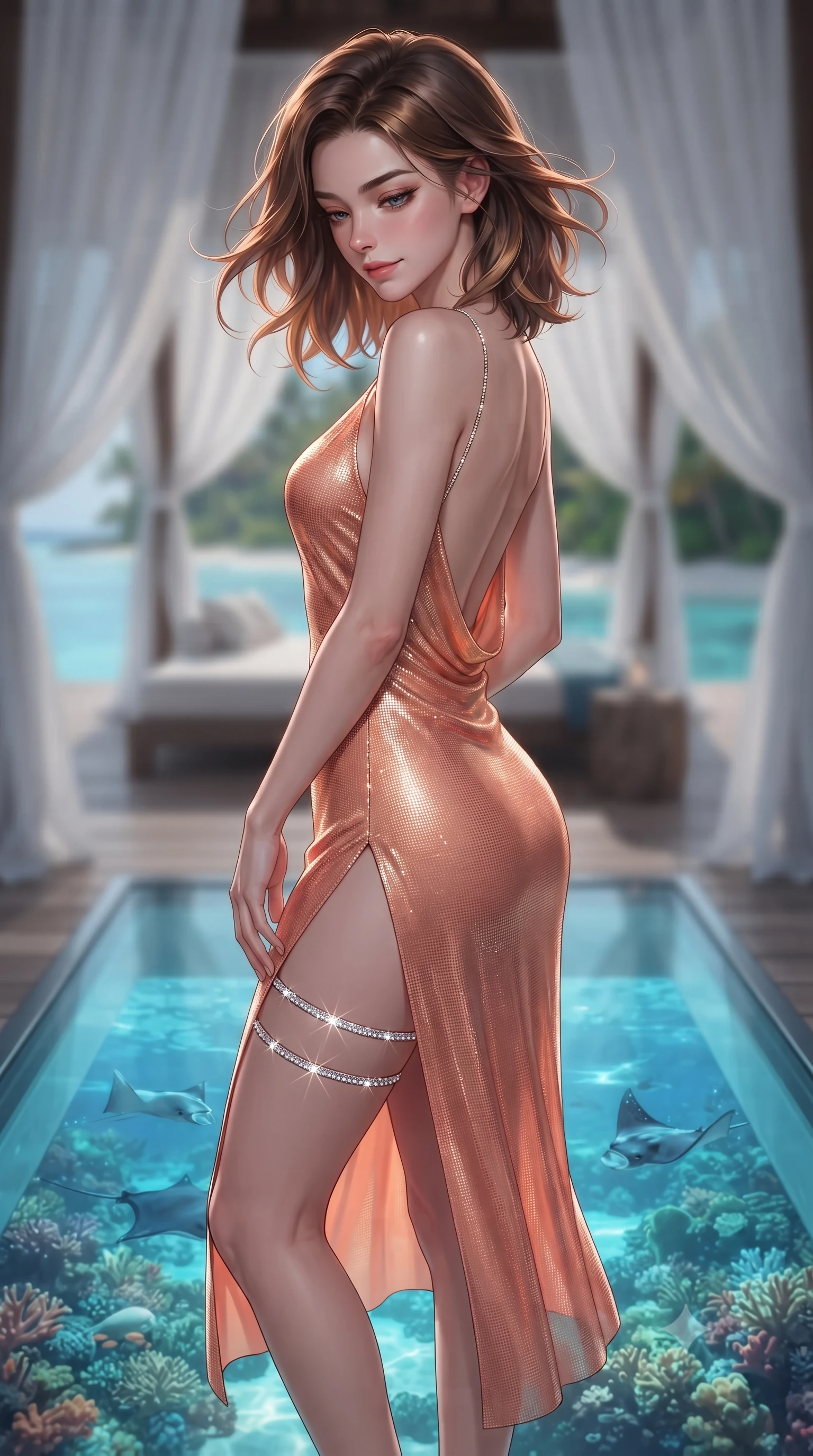 score_9, masterpiece, best quality, ultra-detailed, high-budget anime keyframe, editorial fashion photography, tasteful artistic composition, Korean woman. close-up cowboy shot from the waist and thighs up, the character dominates the composition, filling the frame with her large presence. turning slowly with an enchanting smoldering smile, her glossy hair tossing in the breeze as her hips angle gracefully in a captivating contrapposto while standing poised on the transparent tempered glass floor panel revealing illuminated tropical coral reefs and manta rays beneath her feet, arching her spine with siren allure. The background shows a soft-focus billowing white outdoor gauze drapes softened in ultra-luxury tropical island retreat shallow focus. She has an exceptionally elegant, slender, and willowy female figure with an ultra-slim waist, flat toned midriff, narrow ribcage, and sculpted feminine hips creating an alluring, slim hourglass silhouette without bulk. sharp v-shaped jawline, high-bridge nose, intricate jewel-like sparkling eyes with depth, thick eyelashes, glossy parted lips with a natural peach sheen, bright cheerful beaming smile with an enchanting and coquettish sensual glint, exuding both youthful cute charm and seductive allure, flawlessly proportioned anatomical accuracy, strict slender model proportions, natural body alignment, perfectly sculpted long slender limbs, ultra-slim waistline, clean dynamic posture without body distortion. wearing a form-contouring gossamer silk chiffon slip dress with a hip-high slit and open cowl back clinging with dewy moisture in Palm Springs desert sunset coral and warm honey champagne, crafted from stretch micro-mesh with liquid foil coating that shimmers with every movement, finished with delicate crystal-encrusted thigh garter straps glinting in the dim light, the impeccably tailored cut draping gracefully along her slender figure with aristocratic poise. illuminated by reef water caustics bounce and sharp platinum-cyan rim lights sculpting her jawline, narrow waist, and curvy hips. ultra-reflective glossy finish, specular highlights, rich textural contrasts, high-contrast stereoscopic depth, volumetric dynamic lighting, 2k, ultra detail, master piece, 9:16 ratio