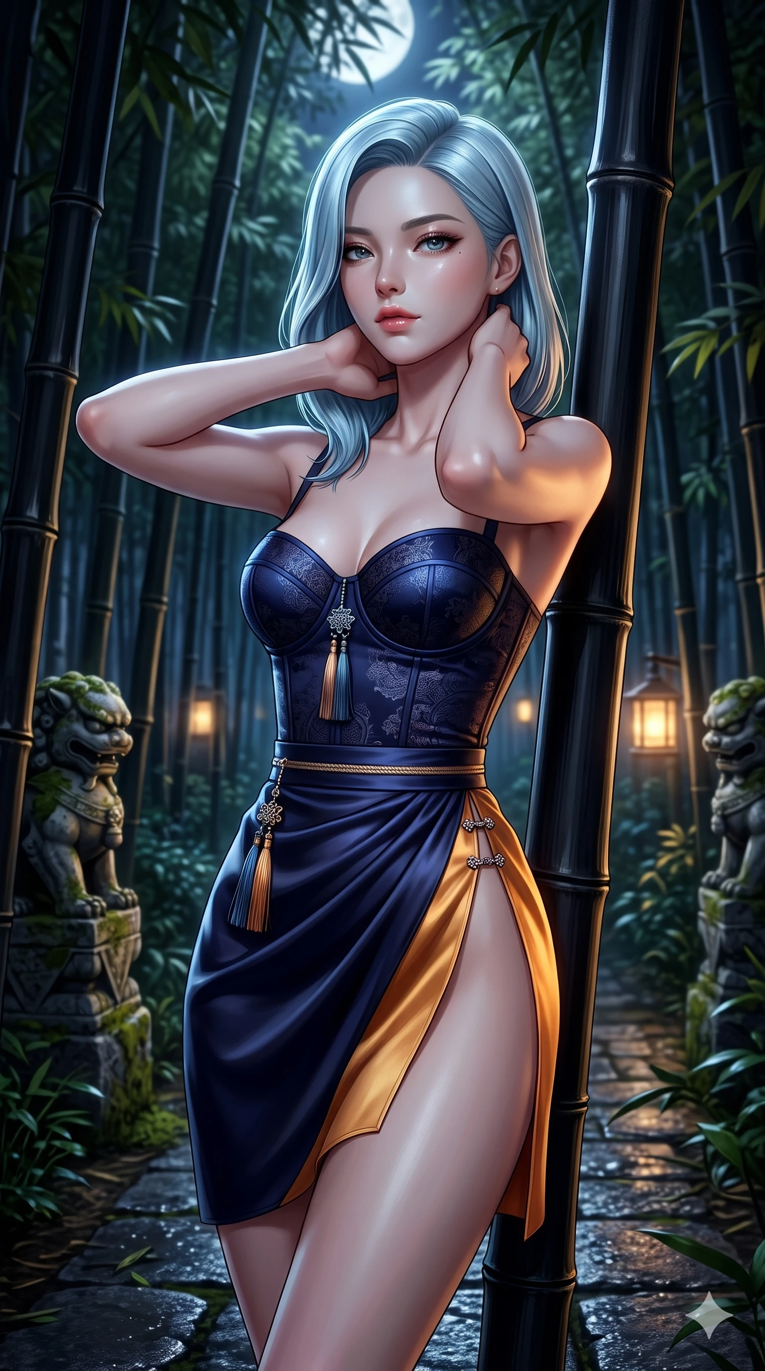 score_9, masterpiece, best quality, ultra-detailed, high-budget anime keyframe, semi-realistic 3D game render, editorial fashion photography, tasteful artistic composition, Korean woman. close-up cowboy shot from the waist and thighs up, the character dominates the composition, filling the frame with her large presence. resting both hands lightly behind her neck with elbows raised, arching her spine to highlight her narrow waist, flat midriff, and breathtaking collarbones while leaning against a black bamboo stalk with hips cocked back, night breezes fluttering her silk garments open around her curves. The surrounding environment is rendered in vivid detail and crisp panoramic clarity: sharp bamboo node rings, moss lichen on carved stone statues, and wet granite path paving in deep focus. She has an exceptionally elegant, slender, and willowy female figure with an ultra-slim waist, flat toned midriff, narrow ribcage, and sculpted feminine hips creating an alluring, slim hourglass silhouette without bulk. sharp v-shaped jawline, high-bridge nose, sparkling eyes with hypnotic seductive depth, thick curled eyelashes, glossy parted lips with a natural dewy peach sheen, alluring bedroom-eyes with an enchanting coquettish smile, exuding magnetic siren charisma and sophisticated glamour, flawlessly proportioned anatomical accuracy, strict slender model proportions, natural body alignment, perfectly sculpted long slender limbs, ultra-slim waistline, clean dynamic posture without body distortion. wearing a structured underwire silk bustier top with norigae accents paired with a high-cut draped sarong mini wrap in midnight indigo and glowing lantern topaz, tailored from smooth liquid silk satin with a natural dewy moonlight sheen, finished with an ultra-high side slit secured by miniature jeweled clasps, the glove-like clinging cut tightly following the natural contour of her hips and long slender legs with youthful 8.5-heads elegance. bathed in crisp silver moonlight filtering down through dense bamboo canopies creating intricate linear shadows. highly saturated vibrant anime colors, detailed shading with soft gradients, rich glossy textures, high-contrast stereoscopic depth, volumetric dynamic lighting, master piece, 9:16 ratio