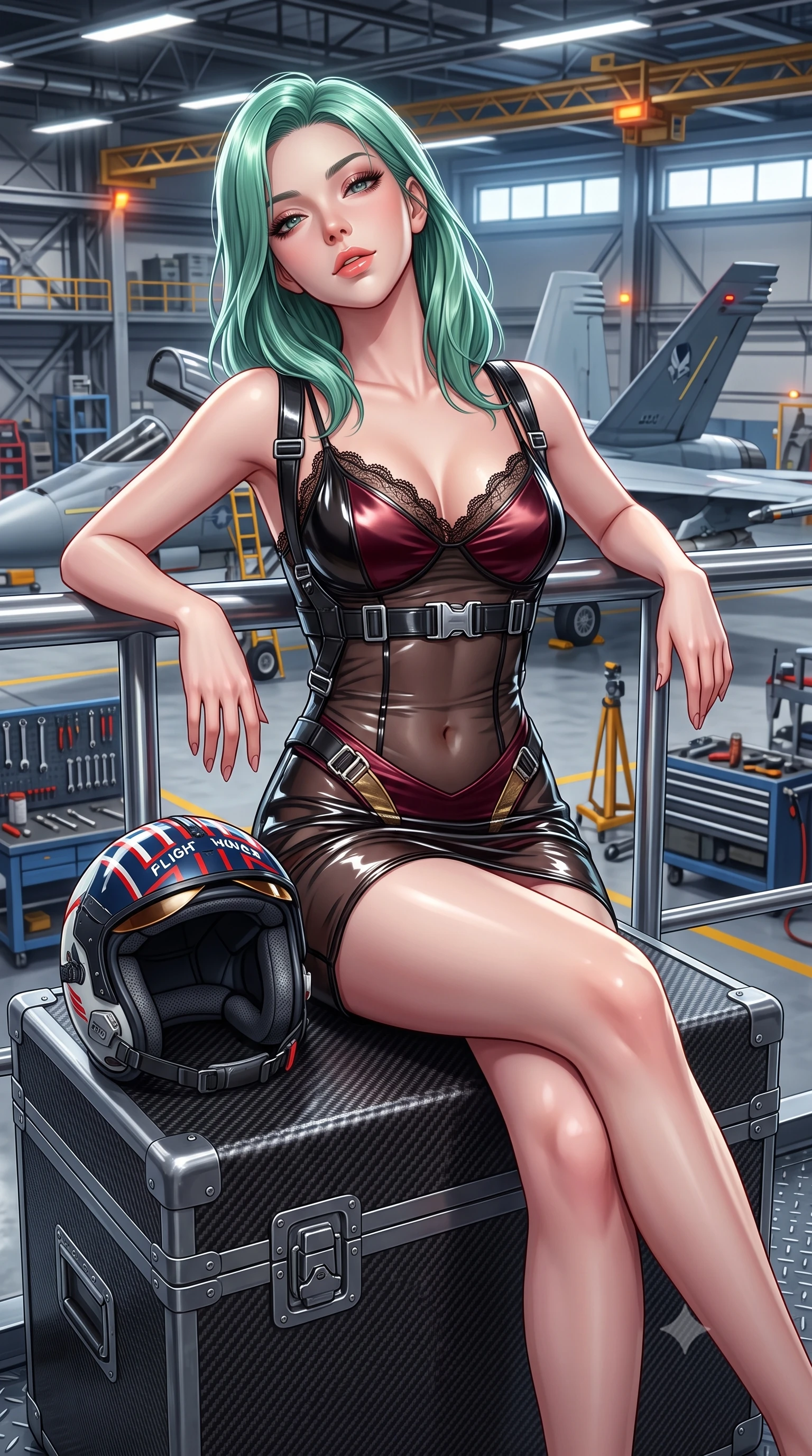 score_9, masterpiece, best quality, ultra-detailed, high-budget anime keyframe, semi-realistic 3D game render, editorial fashion photography, tasteful artistic composition, Japanese woman. close-up cowboy shot from the waist and thighs up, the character dominates the composition, filling the frame with her large presence. leaning back against the balustrade with relaxed seductive grace, head tilted back slightly while casting a hypnotic, heavy-lidded gaze while sitting perched on a carbon-fiber flight case with legs crossed, holding a flight helmet with confident, coquettish charm. The surrounding environment is rendered in vivid detail and crisp panoramic clarity: detailed high-cut tactical bodysuit tailoring, chrome buckle shine, and aerospace hangar engineering in high resolution. She has an exceptionally elegant, slender, and willowy female figure with an ultra-slim waist, flat toned midriff, narrow ribcage, and sculpted feminine hips creating an alluring, slim hourglass silhouette without bulk. sharp v-shaped jawline, high-bridge nose, sparkling eyes with hypnotic seductive depth, thick curled eyelashes, glossy parted lips with a natural dewy peach sheen, alluring bedroom-eyes with an enchanting coquettish smile, exuding magnetic siren charisma and sophisticated glamour, flawlessly proportioned anatomical accuracy, strict slender model proportions, natural body alignment, perfectly sculpted long slender limbs, ultra-slim waistline, clean dynamic posture without body distortion. wearing a sheer black tactical gauze slip dress worn over a liquid satin undergarment, hugging her flat midriff and hips in smoky bordeaux wine and gilded bronze, crafted from wet-look high-gloss vinyl fabric with dazzling specular surface reflections, finished with scalloped eyelash lace trim framing her sweetheart neckline with intimate elegance, the liquid-tight tailored fabric clinging flawlessly to her narrow waist and rounded feminine hips, emphasizing every millimeter of her sculpted slim hourglass curves without any bulky heaviness. bathed in high-altitude aerospace hangar floodlights mixed with amber safety strobe accents. highly saturated vibrant anime colors, detailed shading with soft gradients, rich glossy textures, high-contrast stereoscopic depth, volumetric dynamic lighting, master piece, 9:16 ratio