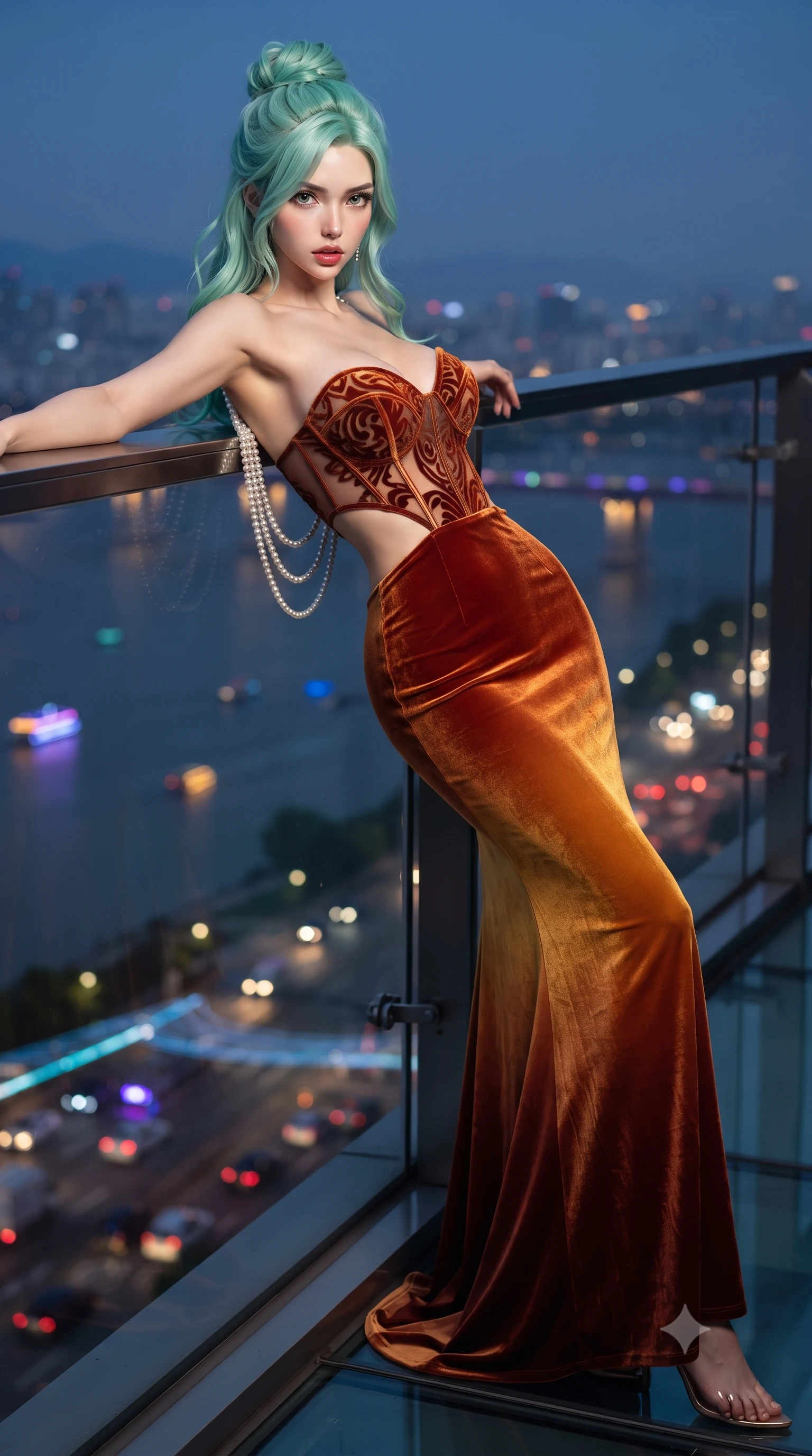 score_9, masterpiece, best quality, ultra-detailed, high-budget anime keyframe, editorial fashion photography, tasteful artistic composition, Japanese woman. low angle full-body shot from head to toe showing her feet, filling the entire 9:16 vertical frame with her statuesque presence, stretching her vertical silhouette. leaning deep against the structural architecture with hips cocked in an unapologetically bold, seductive high-fashion stance while leaning deep against the transparent cantilevered skybridge railing 500 meters above the Han River, hips cocked back as streams of glowing autonomous vehicles flow beneath her feet. The composition keeps background elements in soft focus with creamy bokeh. glowing Han River water reflections and flying drone transit light ribbons blurred into vivid cobalt, violet, and electric amber bokeh. She has an exceptionally tall and slender model-like 8.5-heads proportion, an ultra-slim waist, a flat toned midriff, narrow delicate ribcage, and beautifully sculpted feminine hips creating a graceful, slim hourglass silhouette without any bulky heaviness, with impossibly long slender legs. sharp v-shaped jawline, high-bridge nose, intricate jewel-like eyes with depth, thick eyelashes, glossy parted lips with a natural sheen, intensely captivating and seductive bedroom-eyes expression, flawlessly proportioned anatomical accuracy, strict slender model proportions, natural body alignment, perfectly sculpted long slender limbs, ultra-slim waistline, clean dynamic posture without body distortion. wearing a deep sweetheart neckline crushed velvet corseted ballgown with an exposed midriff cutout in molten desert gold and burnt terracotta, made of sheer contouring power-mesh with velvet flocking patterns, accented with a multi-strand pearl back necklace cascading down her bare spine to her hips, the second-skin form-contouring cut accentuating her sculpted flat midriff, narrow delicate ribcage, and gracefully curvy hips with supermodel precision. illuminated by wet specular glass bounce lights sculpting her razor-sharp jawline, narrow waist, and curvy hips. ultra-reflective glossy finish, specular highlights, rich textural contrasts, high-contrast stereoscopic depth, volumetric dynamic lighting, 2k, ultra detail, master piece, 9:16 ratio